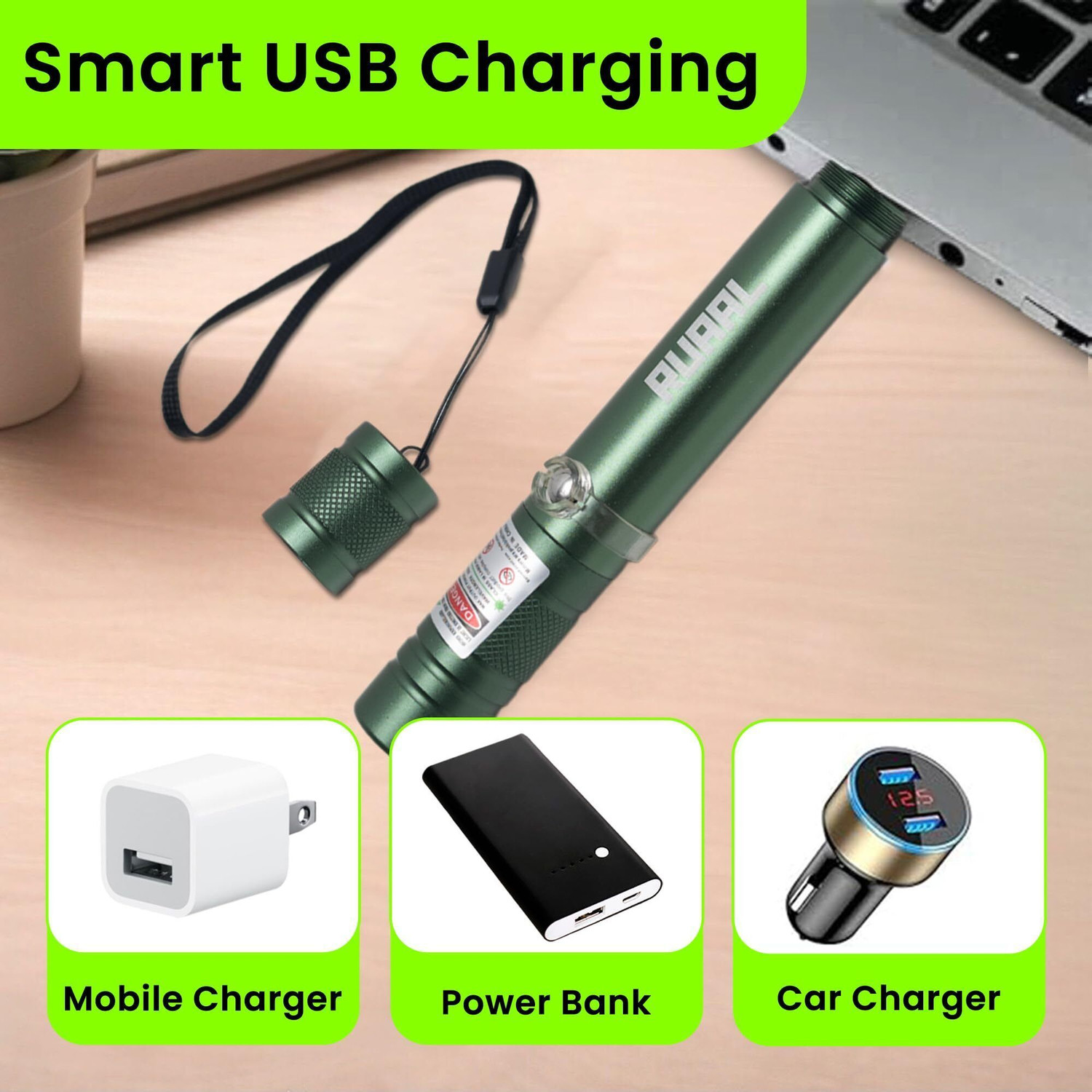 Image of RUAAL Laser Pointer High Power| USB Rechargeable Laser Light Pen pointer (5000 nm, Green)