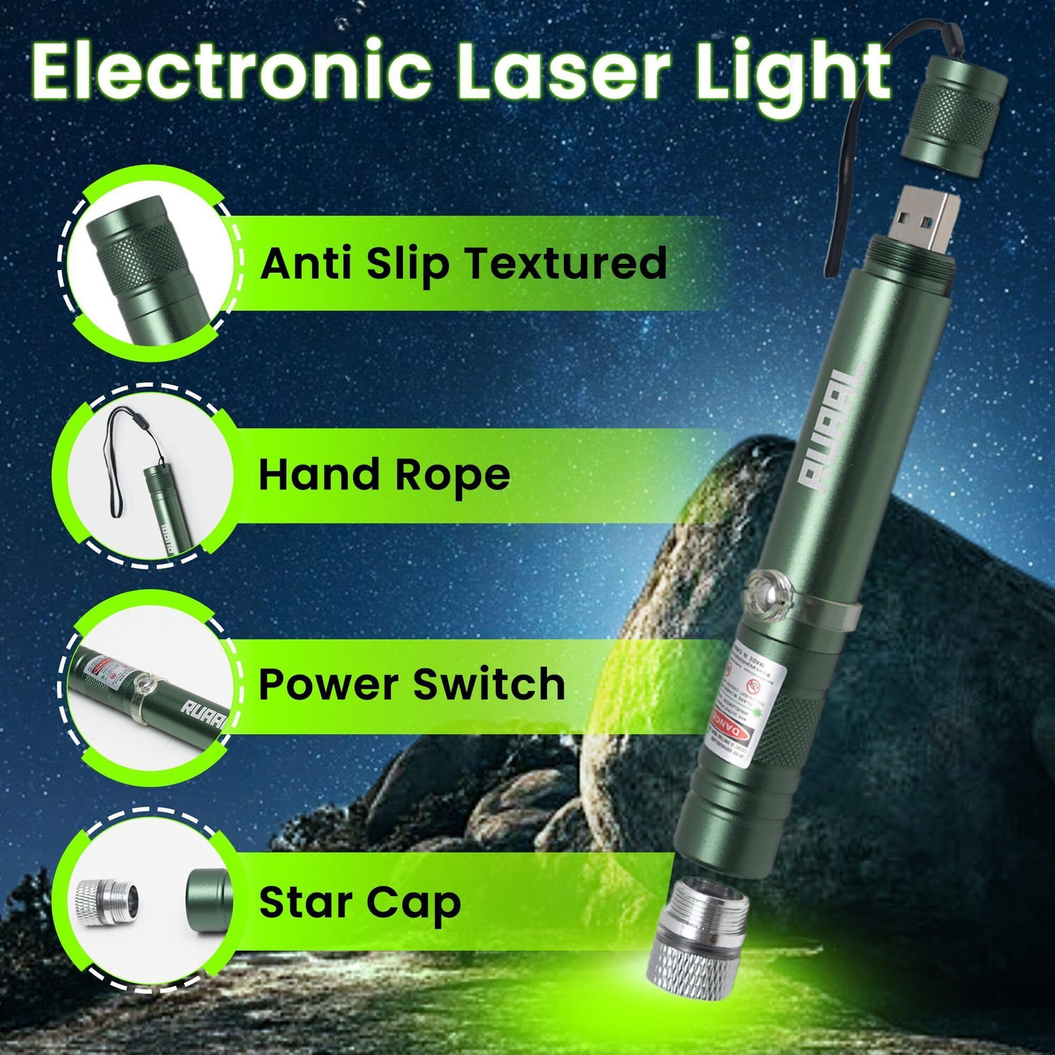 Image of RUAAL Laser Pointer High Power| USB Rechargeable Laser Light Pen pointer (5000 nm, Green)