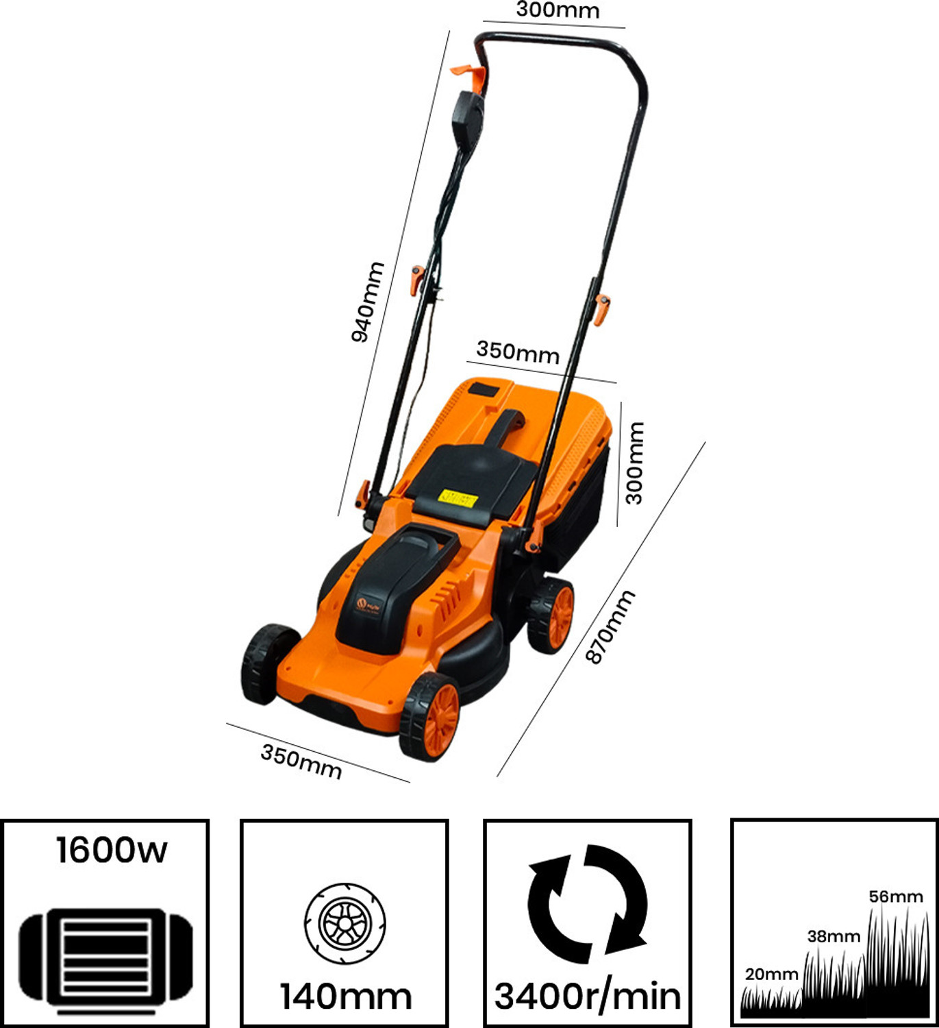 Image of VOLTZ VZ-LM1600 Electric Lawn Mower 13'' Blade Grass Cutting Machine 30L, 1600W Motor LM-1600 AC Adapter Self Propelled Lawn Mower (13 inch)