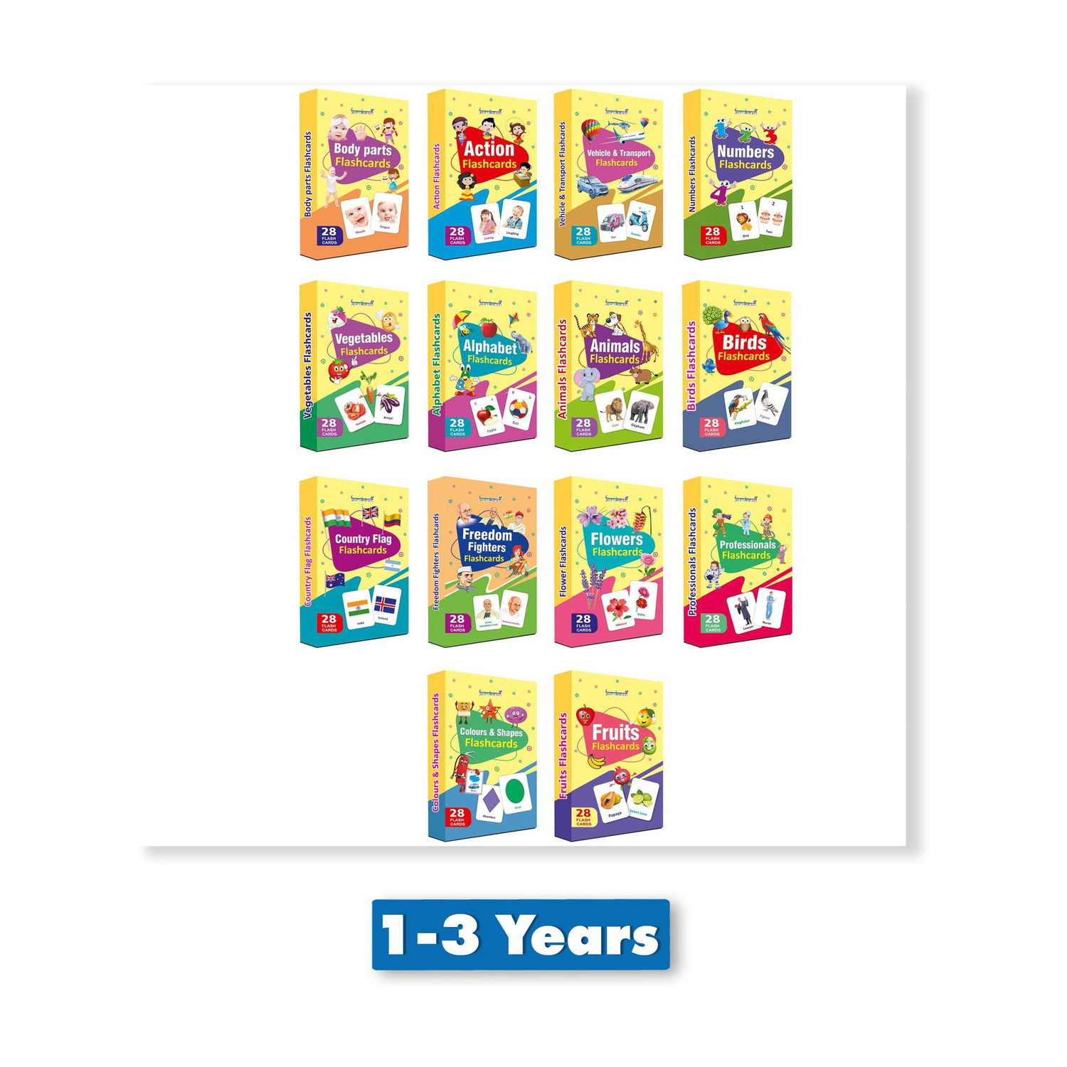 gurukanth Alphabets, Fruits, vegetables, Colors and Shapes, Birds, Animals, Professions, Numbers, Body Parts, Actions, Vehicles, World Country Flags, Freedom Fighters, Flowers Flash Cards Early Learning Flash Cards For Kids Easy & Fun way of Learning-2yr-8yr Kids (Set of 14 - Combo pack - 392 Flash Cards) (Multicolor) - Image 1