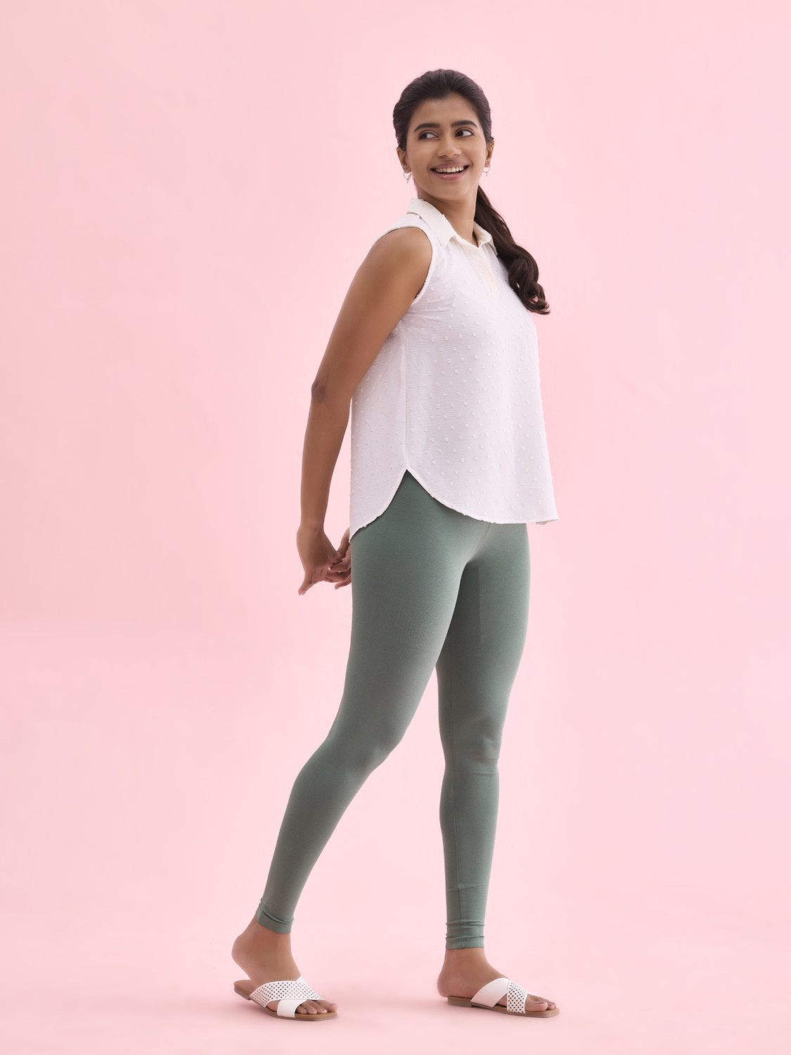 Image of GO COLORS Ankle Length Western Wear Legging (Green, Solid)