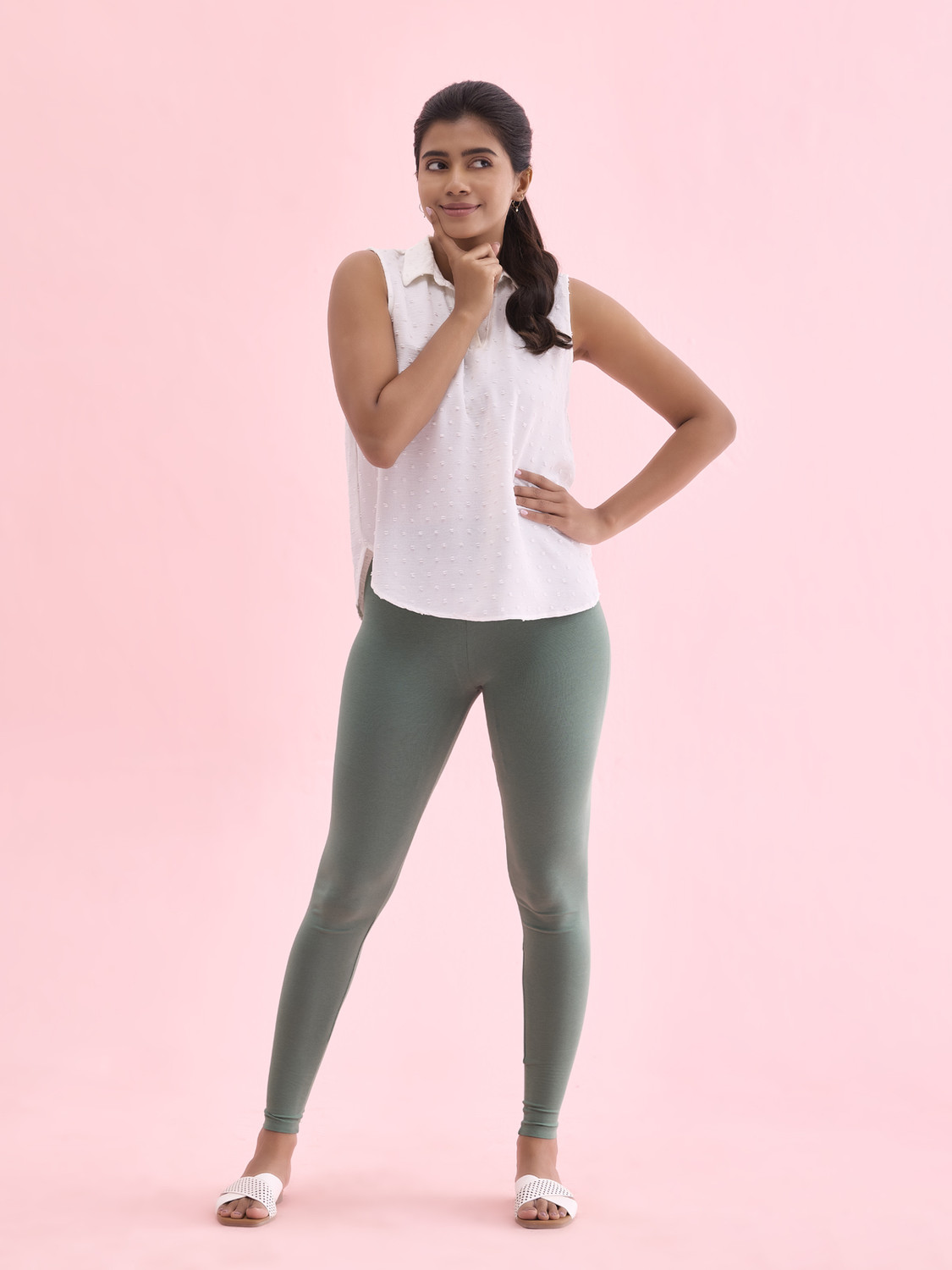 Image of GO COLORS Ankle Length Western Wear Legging (Green, Solid)