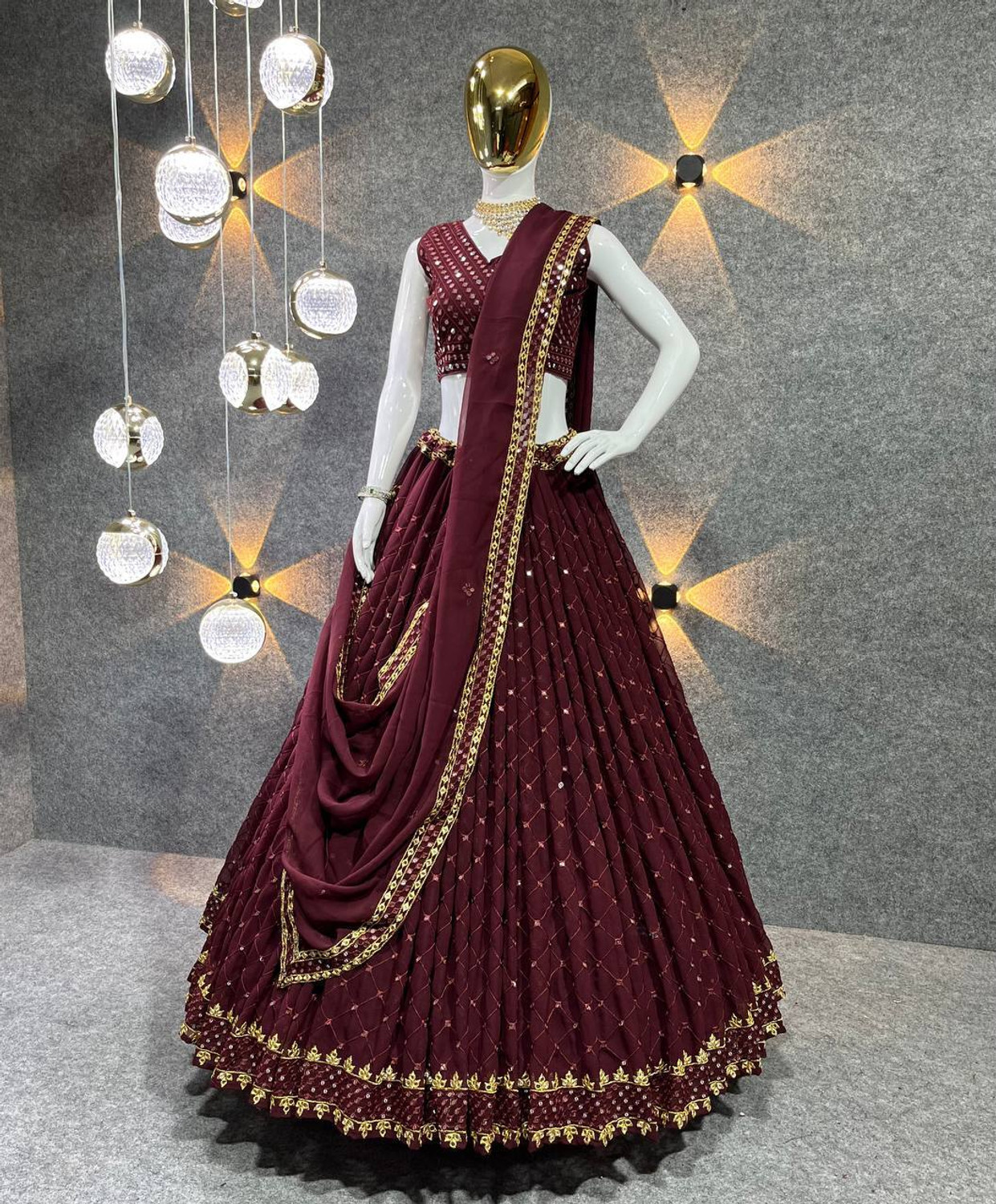 Image of BronezoMart Embroidered, Embellished Semi Stitched Lehenga Choli (Maroon)