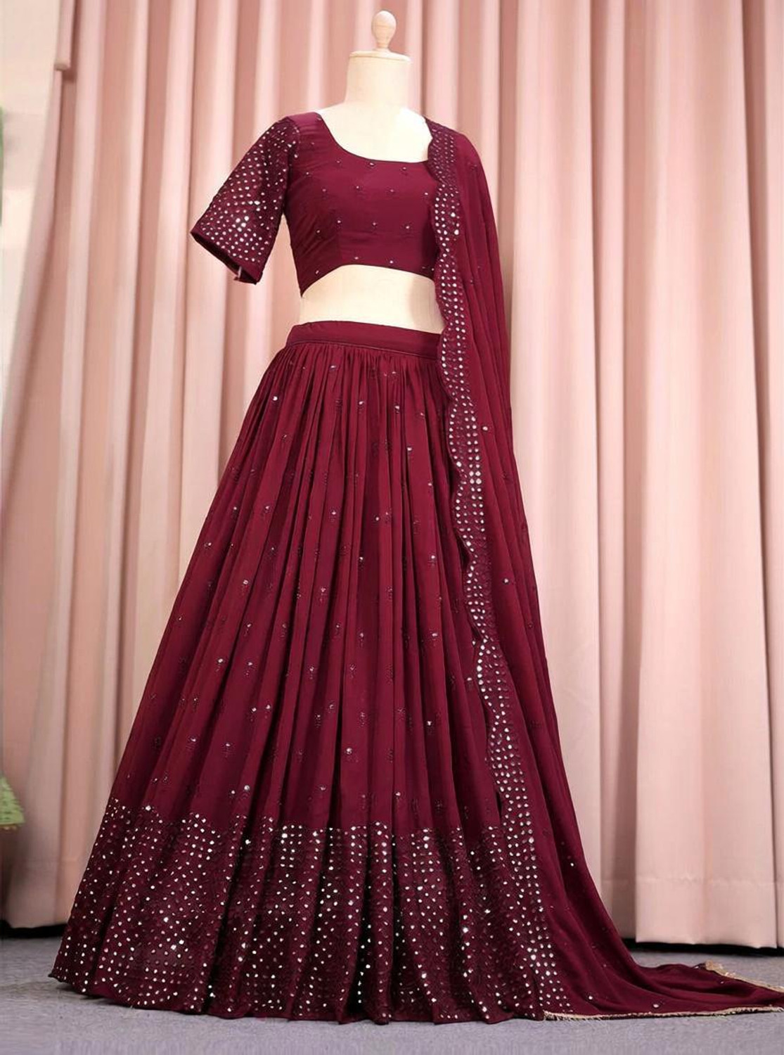 Image of BronezoMart Embroidered, Embellished Semi Stitched Lehenga Choli (Maroon)