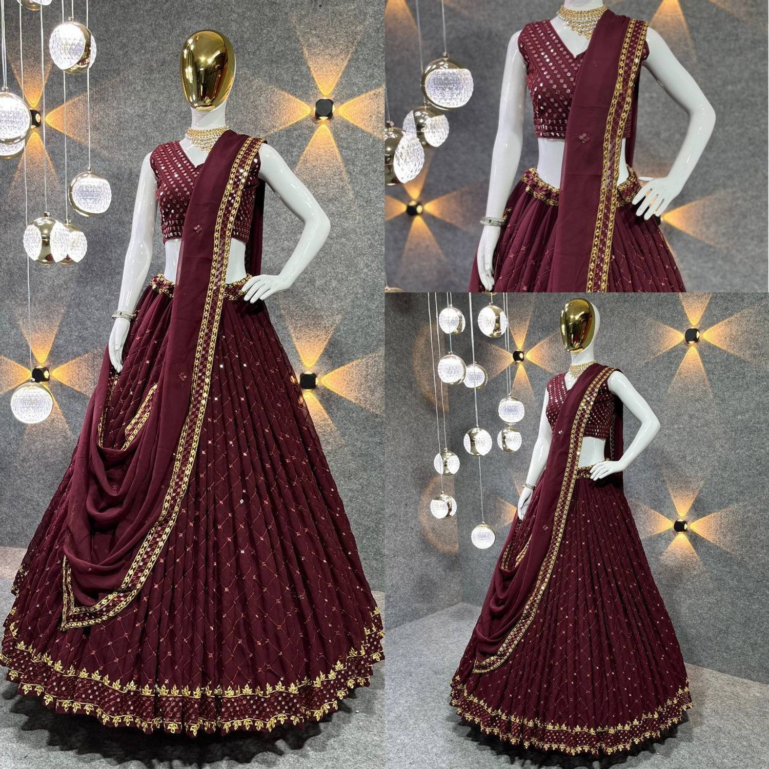 Image of BronezoMart Embroidered, Embellished Semi Stitched Lehenga Choli (Maroon)