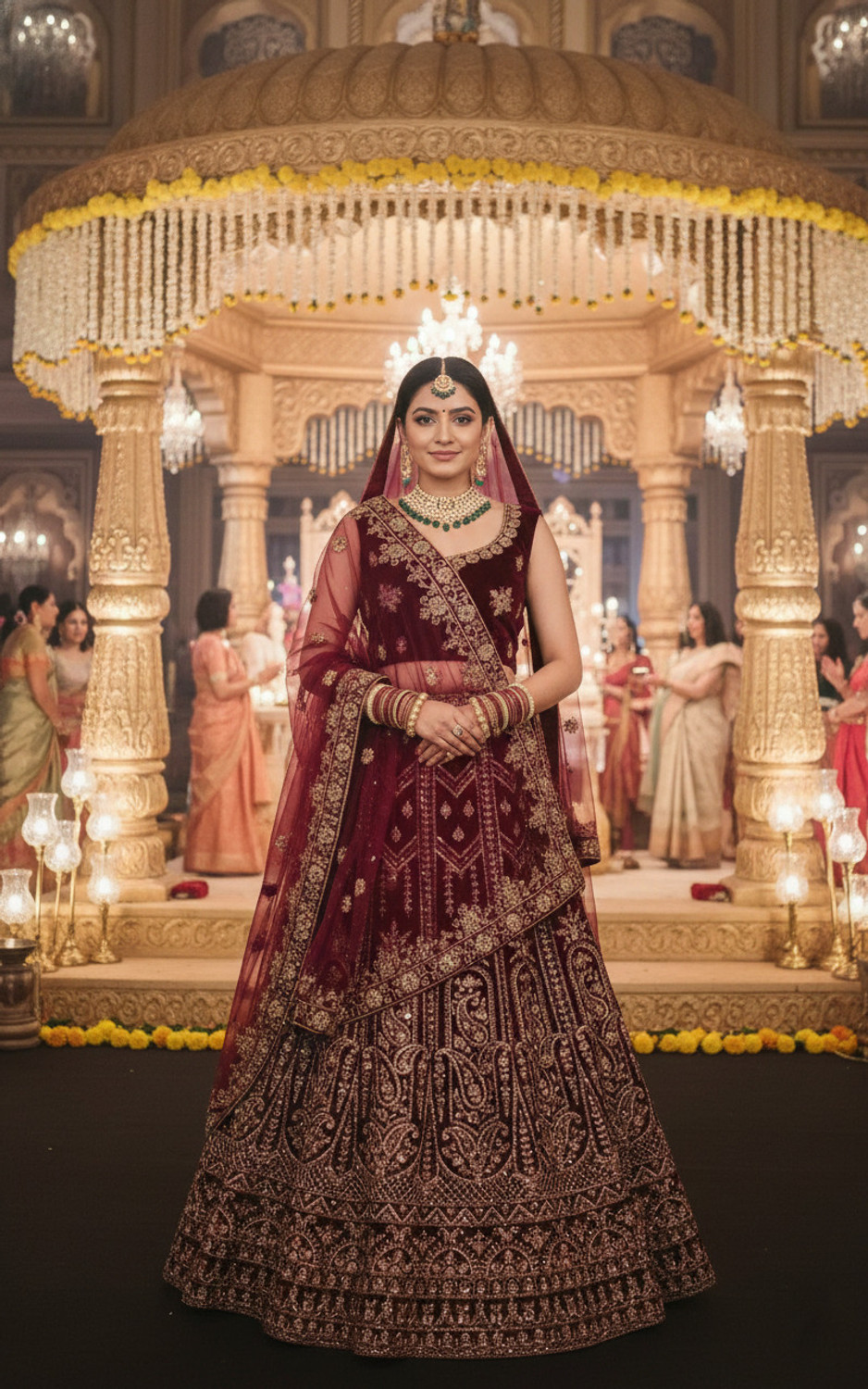 Image of BronezoMart Embroidered, Embellished Semi Stitched Lehenga Choli (Maroon)
