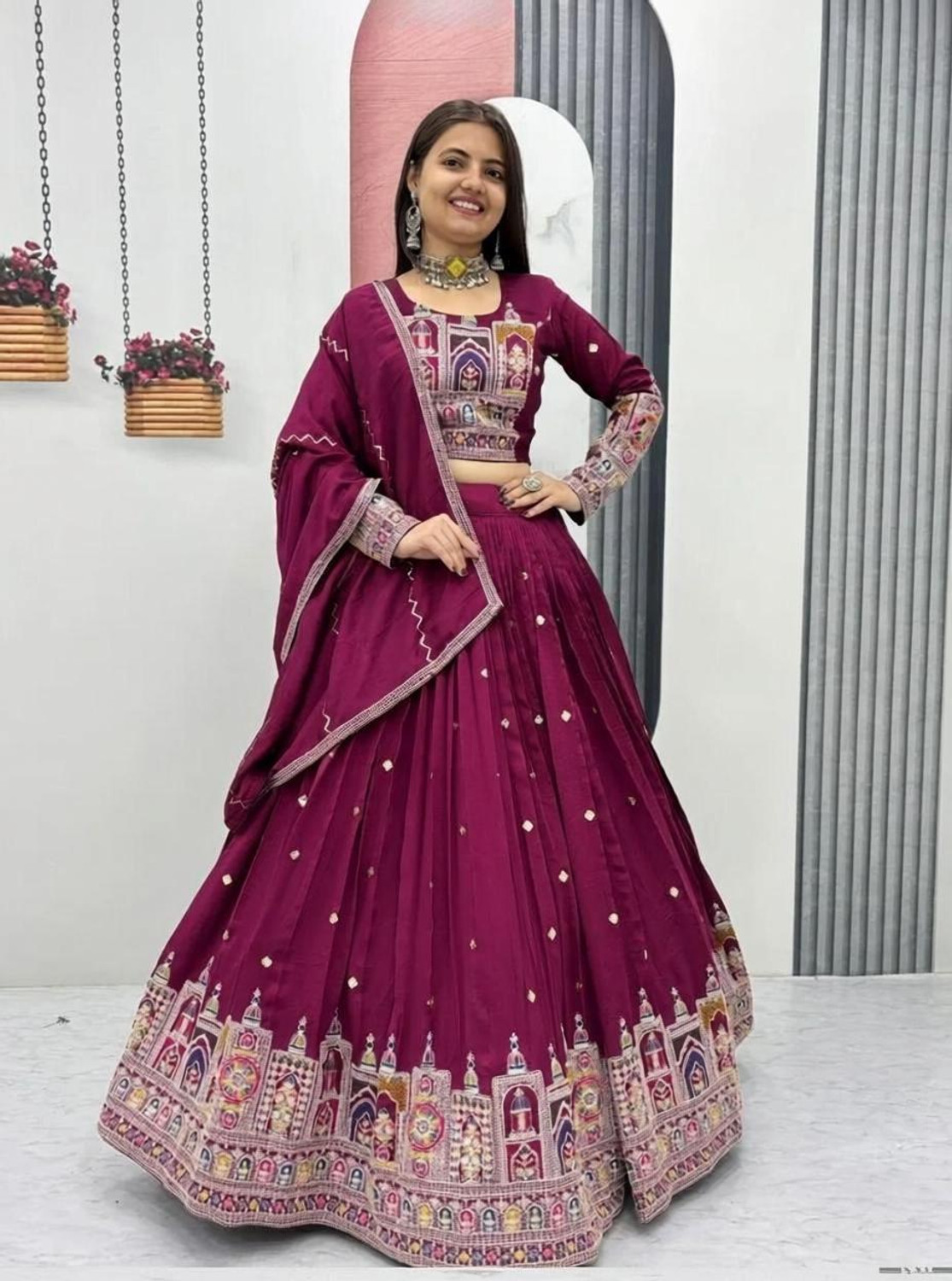 Image of BronezoMart Embroidered, Embellished Semi Stitched Lehenga Choli (Maroon)