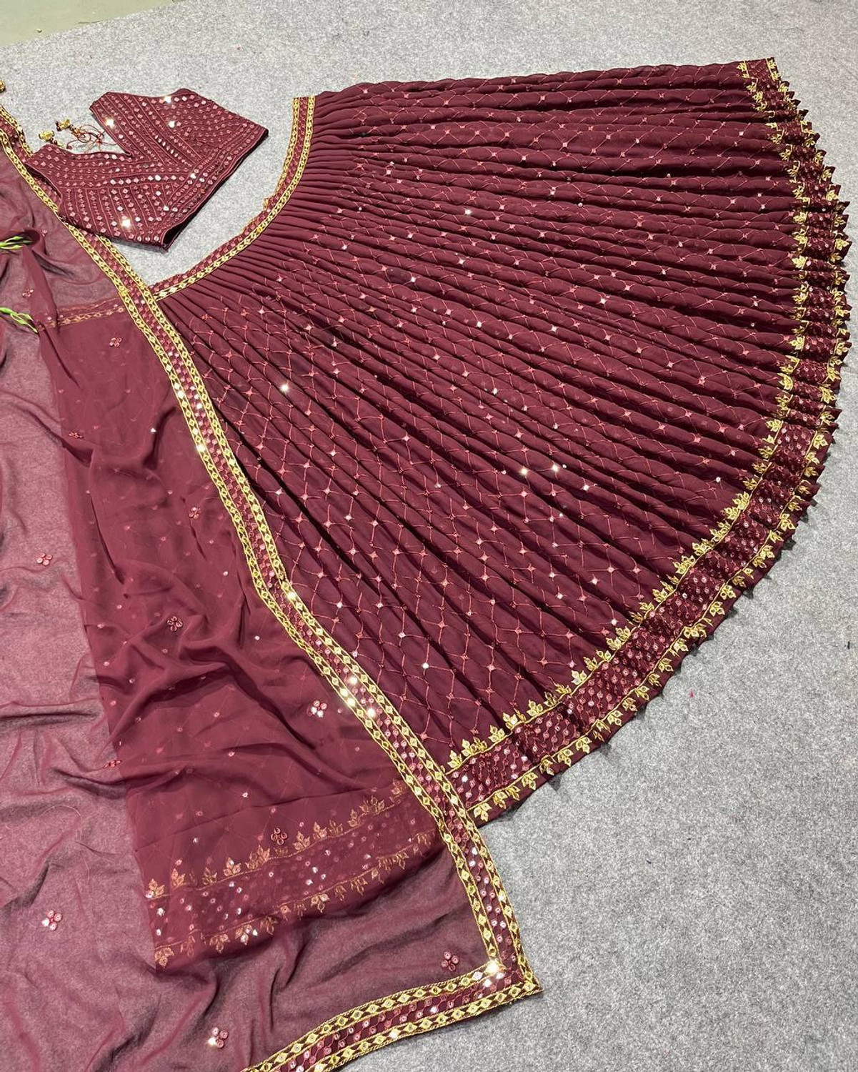 Image of BronezoMart Embroidered, Embellished Semi Stitched Lehenga Choli (Maroon)