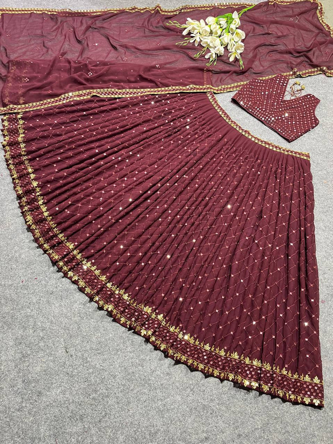 Image of BronezoMart Embroidered, Embellished Semi Stitched Lehenga Choli (Maroon)