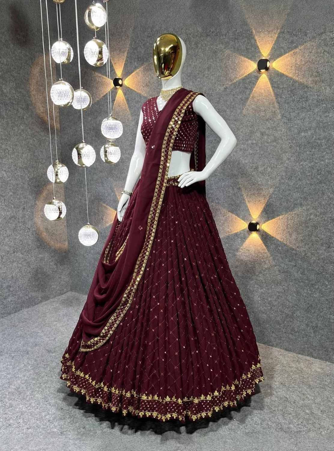 Image of BronezoMart Embroidered, Embellished Semi Stitched Lehenga Choli (Maroon)