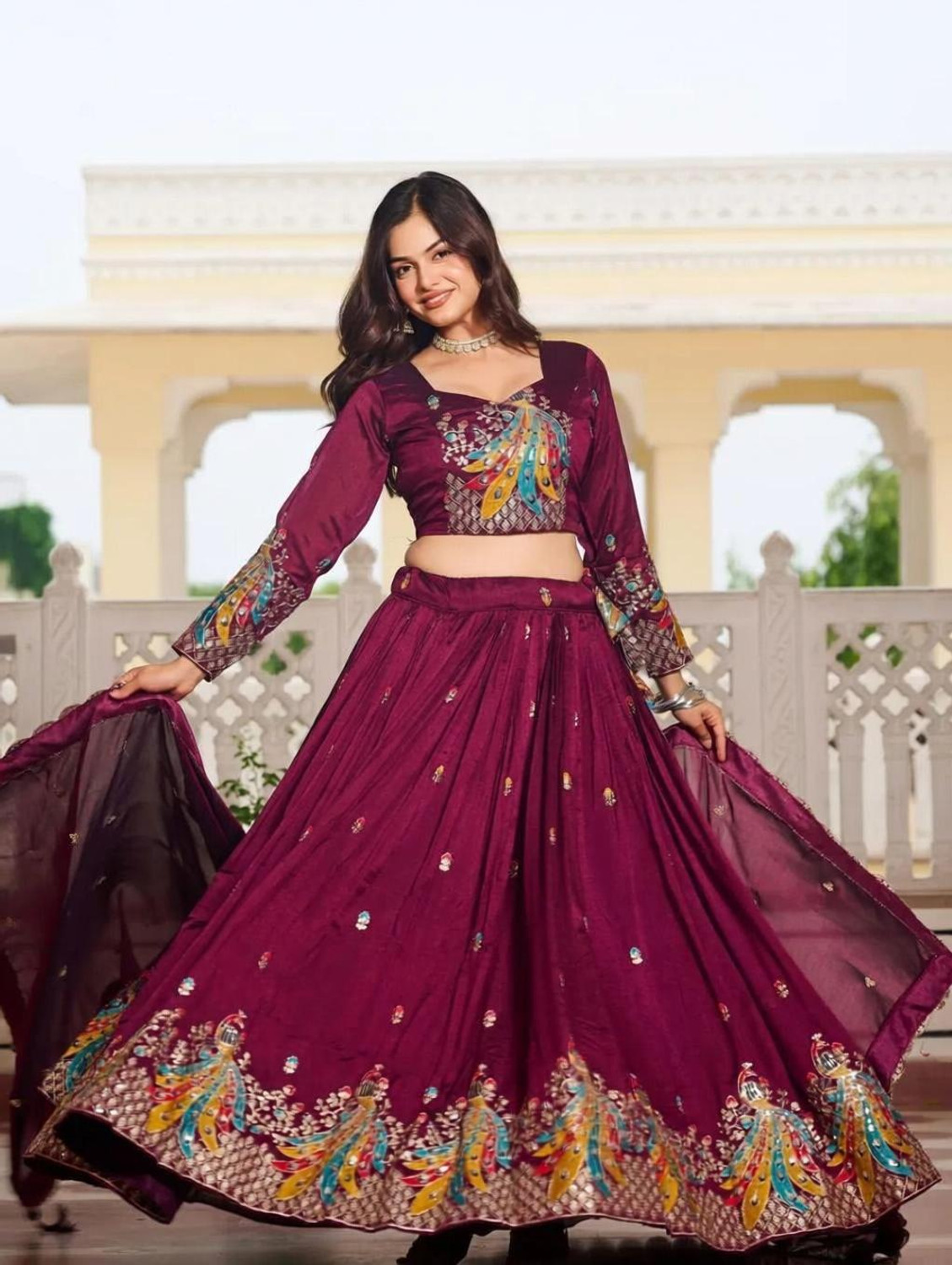 Image of BronezoMart Embroidered, Embellished Semi Stitched Lehenga Choli (Maroon)