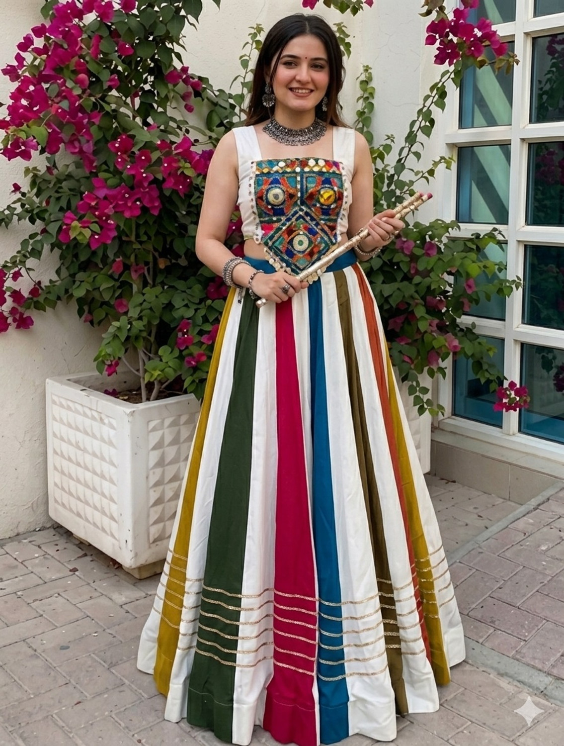 Muhurat Fashion Striped Semi Stitched Lehenga & Crop Top - Image 1