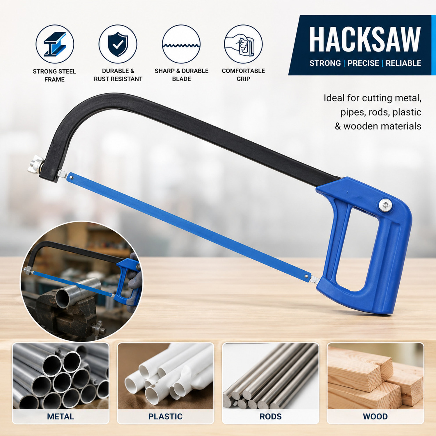 VASTIKATRADERS Heavy Duty Hacksaw Frame with Sharp Cutting Blade | Lever Tool (4 inch) - Image 1