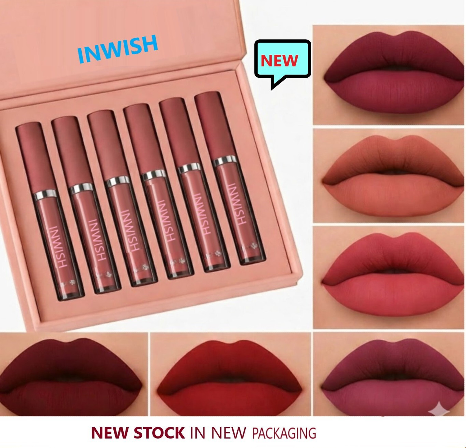 Image of INWISH Waterproof 72Hours stay matte liquid lipstick combo pack of 6 (brown shade, peach, rose baby pink, light colors, nude shades, coffee, red, maroon, 120 g)