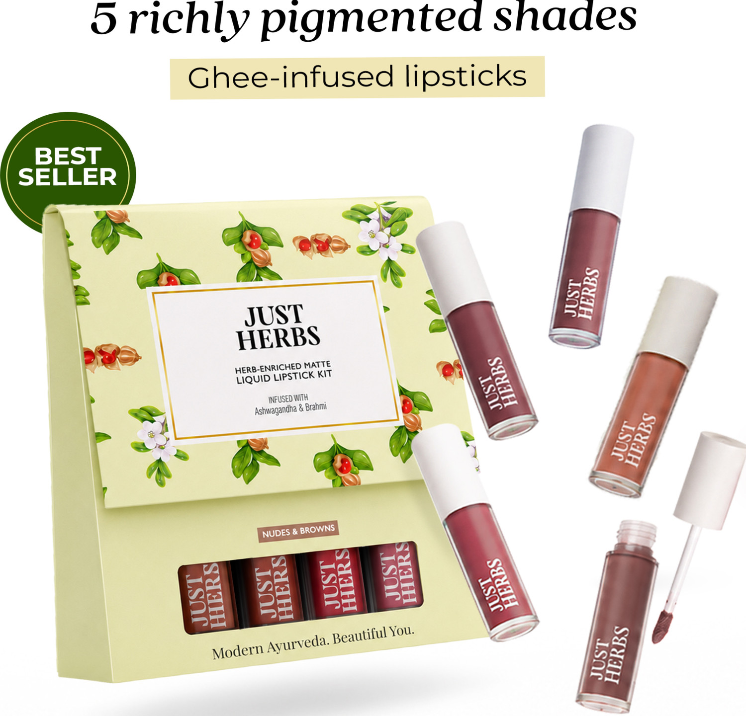 Just Herbs Enriched Liquid Lipstick Kit Set of 5 Nude Pack of 5 - Image 1