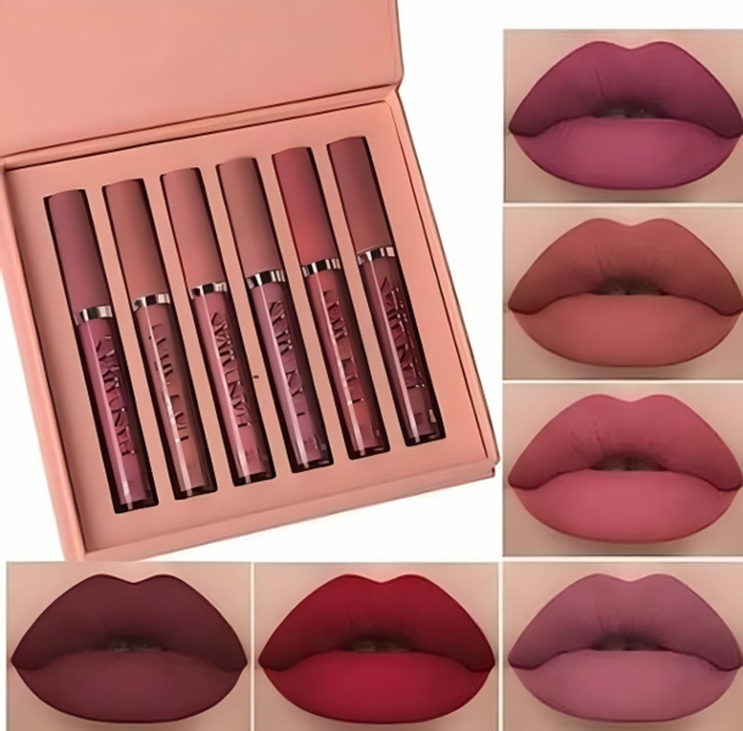 Image of INWISH Waterproof 72Hours stay matte liquid lipstick combo pack of 6 (brown shade, peach, rose baby pink, light colors, nude shades, coffee, red, maroon, 120 g)