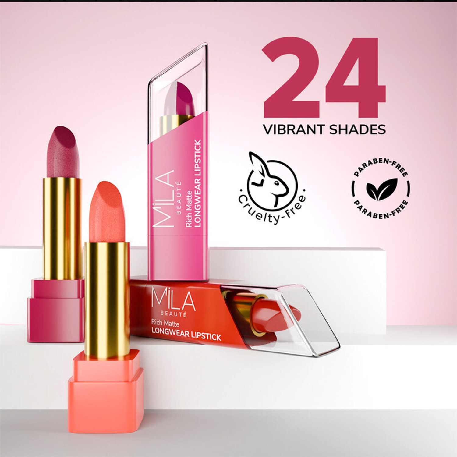Image of MILA BEAUTE Matte Longwear Lipstick Combo For Woman|Up To 8 Hrs Stay|Enriched With Vitamin E (Lady Danger, First Love, Too Bad I M Bad, Spring Break, 16.8 g)
