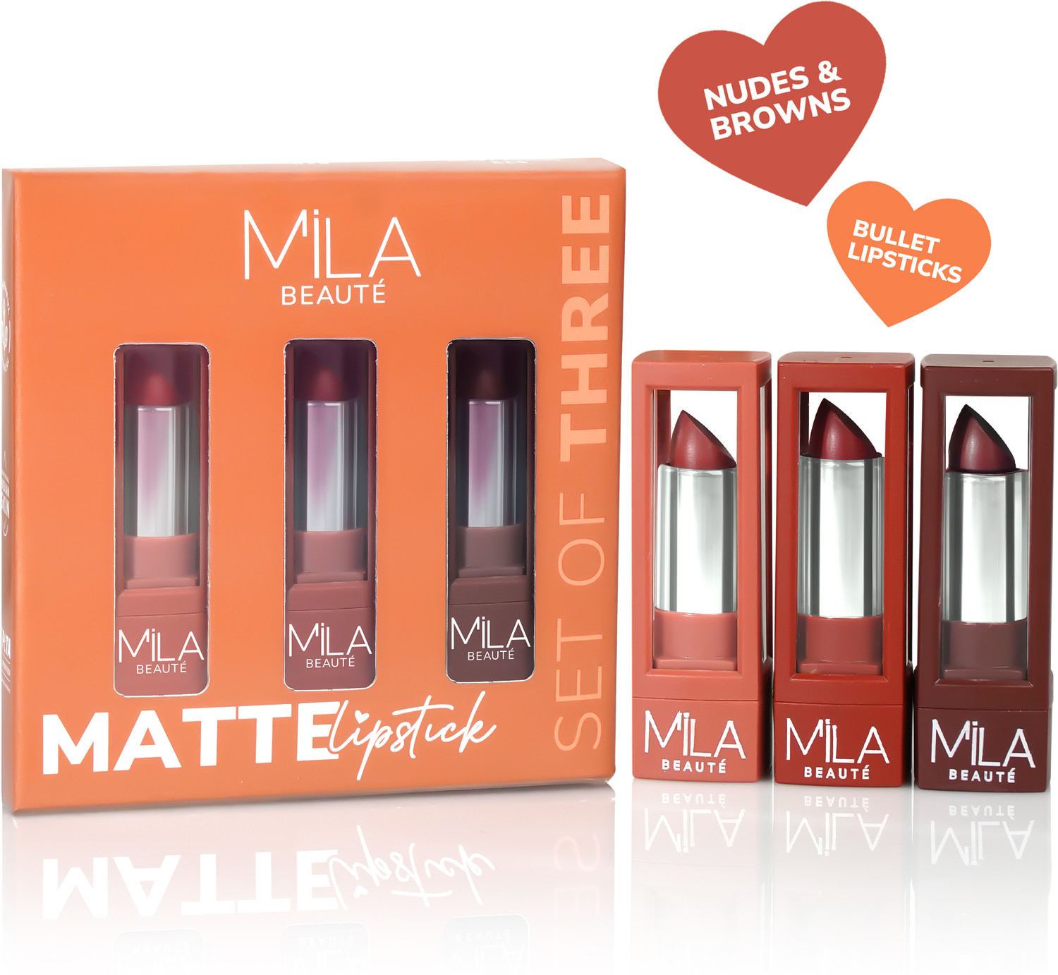 Image of MILA BEAUTE Matte Longwear Lipstick Combo For Woman|Up To 8 Hrs Stay|Enriched With Vitamin E (Lady Danger, First Love, Too Bad I M Bad, Spring Break, 16.8 g)