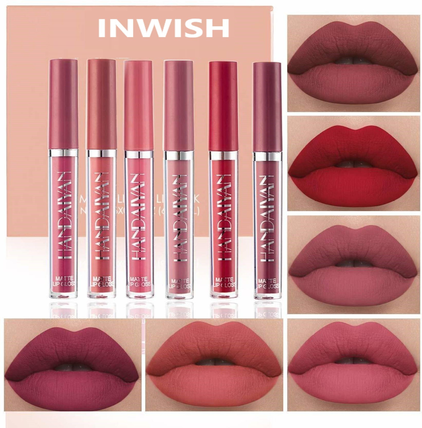 Image of INWISH Waterproof 72Hours stay matte liquid lipstick combo pack of 6 (brown shade, peach, rose baby pink, light colors, nude shades, coffee, red, maroon, 120 g)