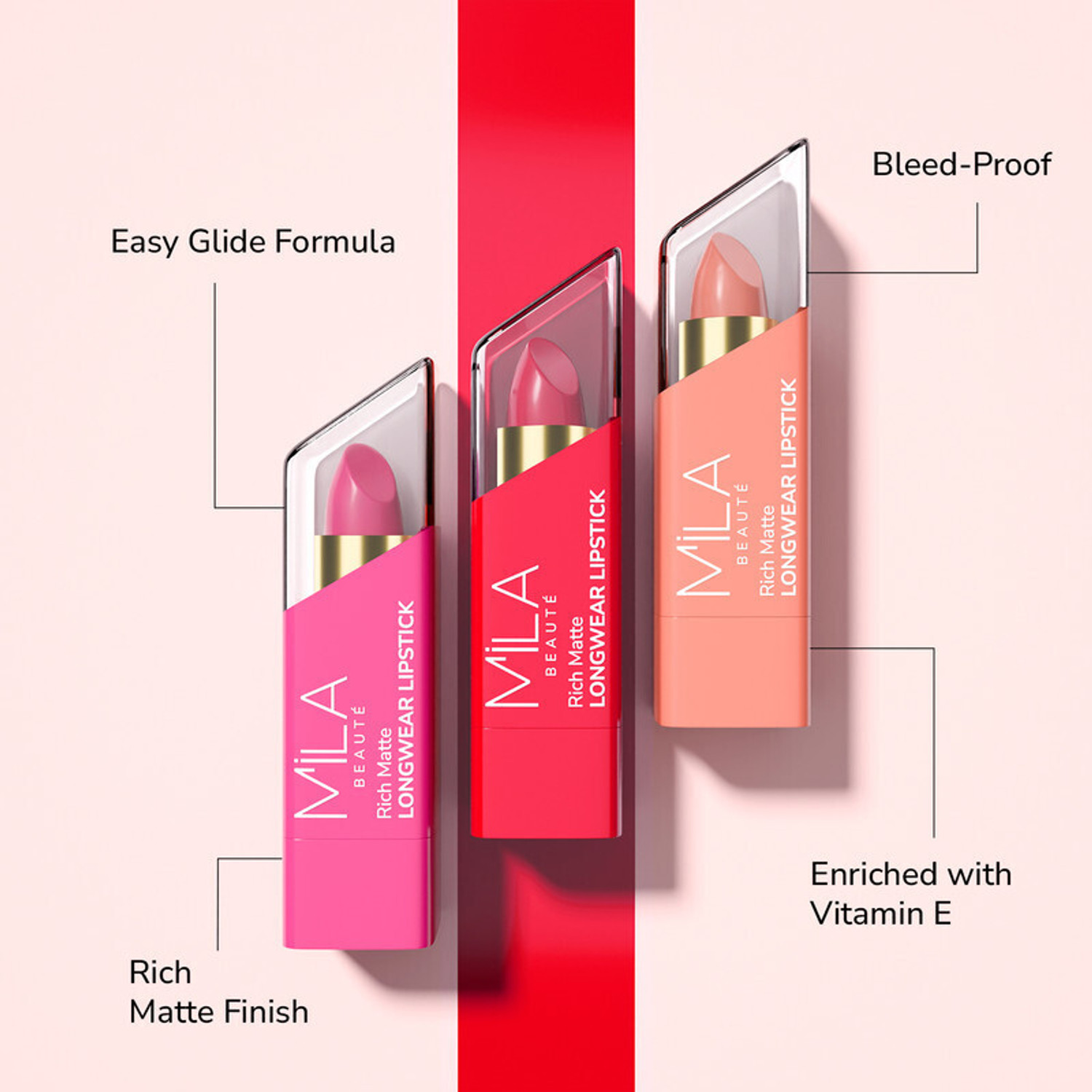 Image of MILA BEAUTE Matte Longwear Lipstick Combo For Woman|Up To 8 Hrs Stay|Enriched With Vitamin E (Lady Danger, First Love, Too Bad I M Bad, Spring Break, 16.8 g)