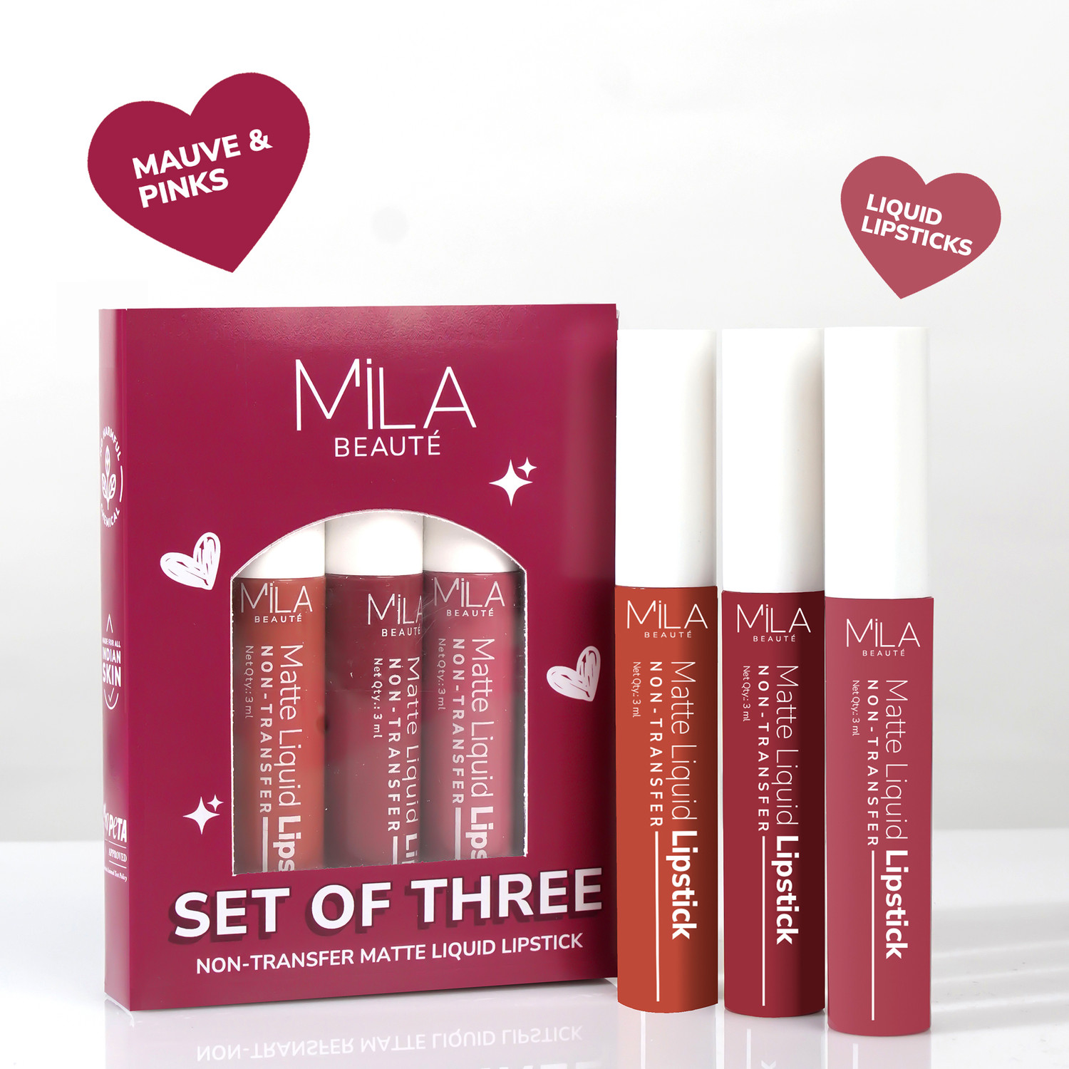 Image of MILA BEAUTE Matte Longwear Lipstick Combo For Woman|Up To 8 Hrs Stay|Enriched With Vitamin E (Lady Danger, First Love, Too Bad I M Bad, Spring Break, 16.8 g)