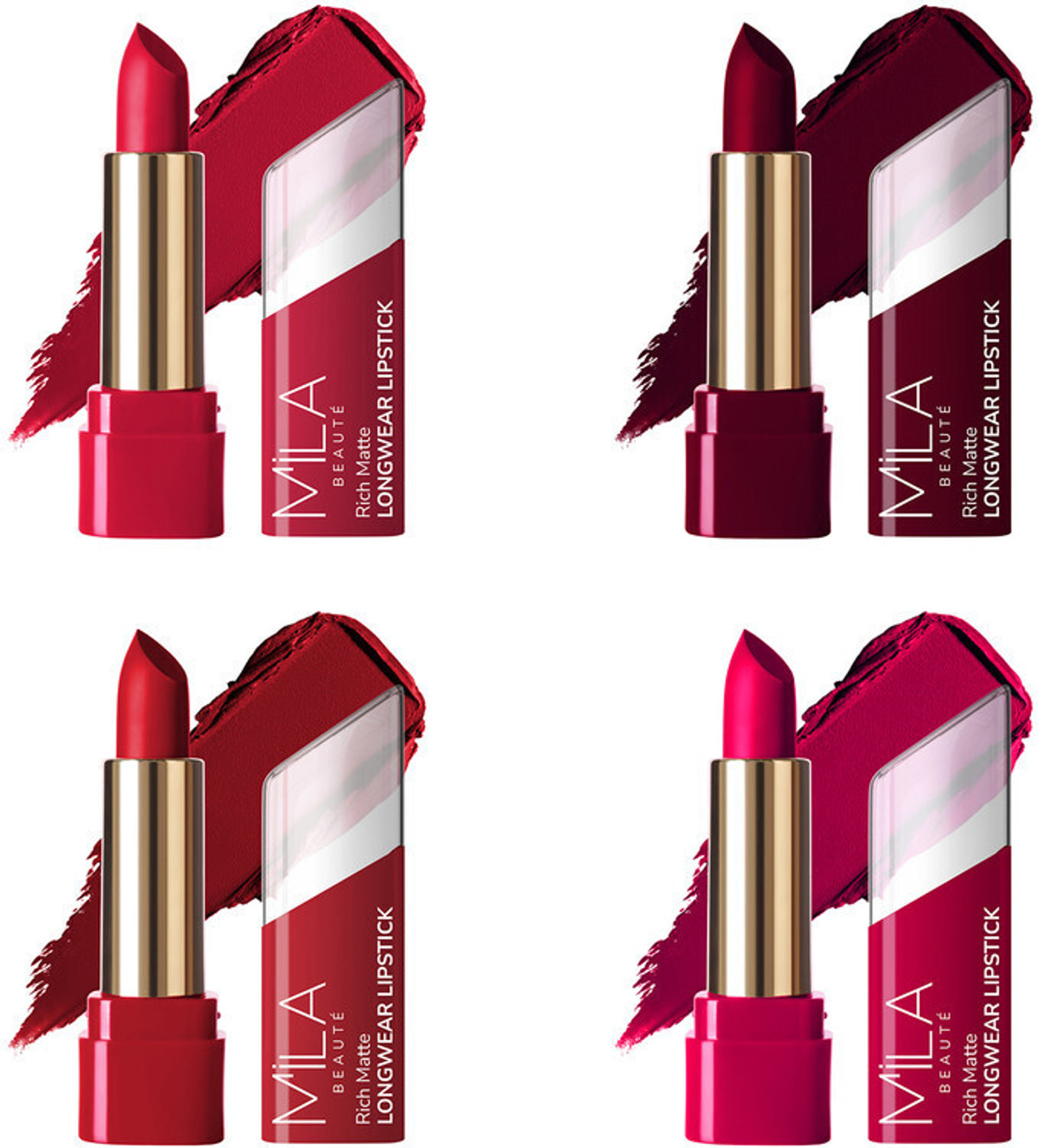 Image of MILA BEAUTE Matte Longwear Lipstick Combo For Woman|Up To 8 Hrs Stay|Enriched With Vitamin E (Lady Danger, First Love, Too Bad I M Bad, Spring Break, 16.8 g)
