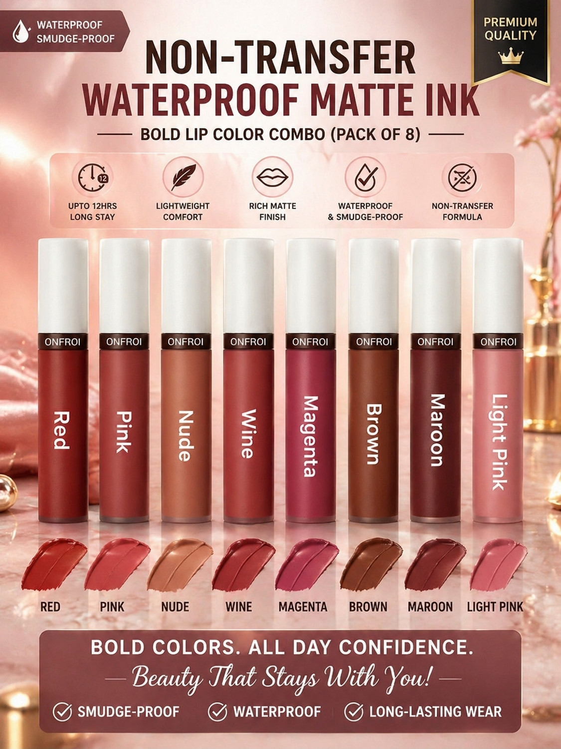 Image of INWISH Waterproof 72Hours stay matte liquid lipstick combo pack of 6 (brown shade, peach, rose baby pink, light colors, nude shades, coffee, red, maroon, 120 g)