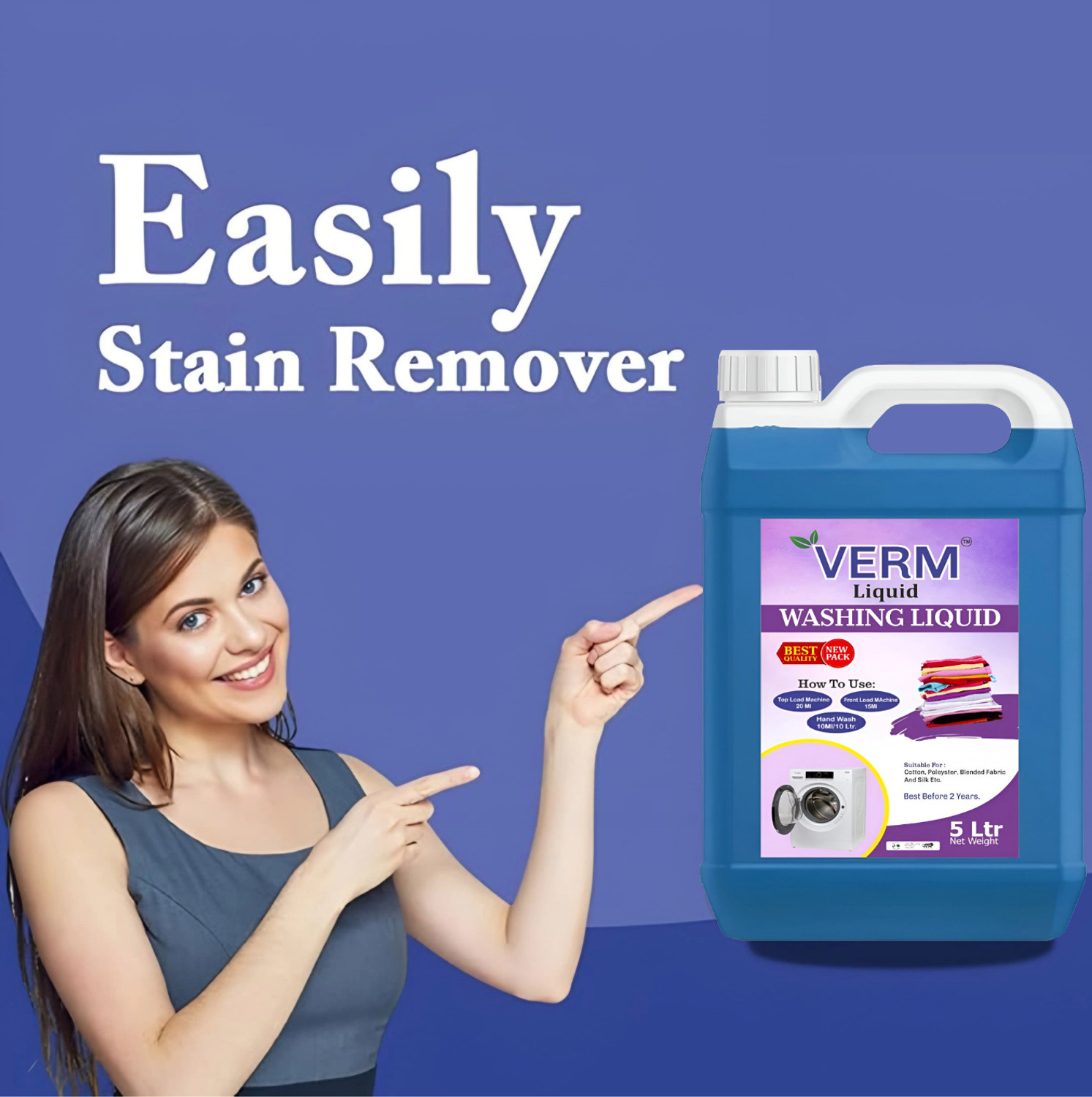 Image of vermliquids Liquid Detergent For All Type Washing Machines - Active Cleaning Formula Jasmine Liquid Detergent (2 x 5000 ml)