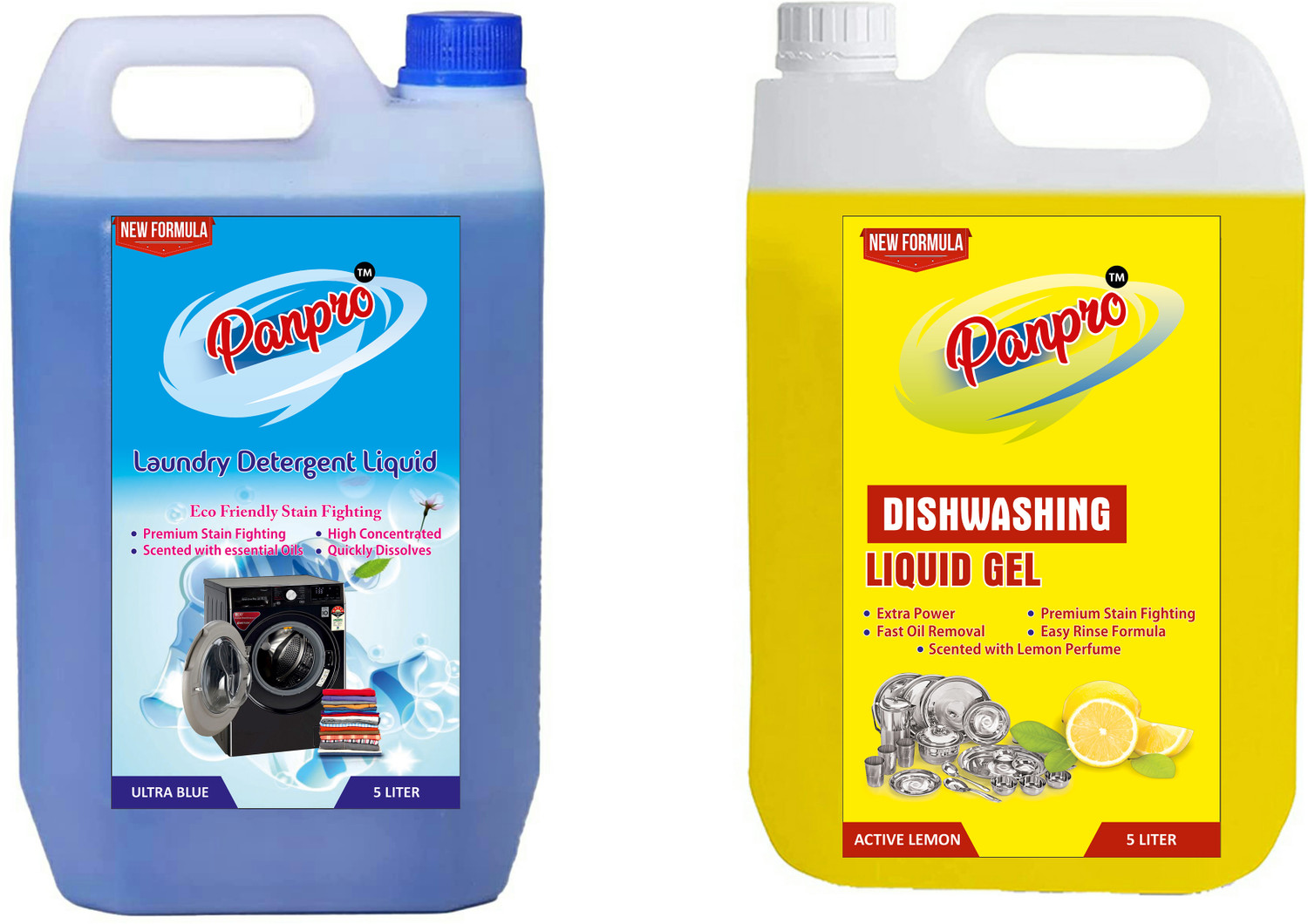 Image of PanPro Combo (5L Yellow Dishwash gel + 5L Blue Liquid Detergent) 10L Multi-Fragrance Liquid Detergent (2 x 5000 ml)