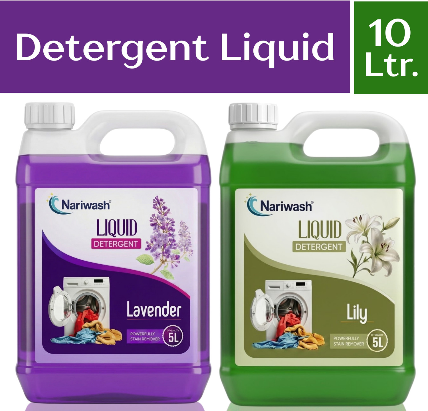 Image of Nariwash Lily & Lavender Liquid Detergent 10L | Fresh Fragrance | Machine & Hand Wash Multi-Fragrance Liquid Detergent (2 x 5 L)