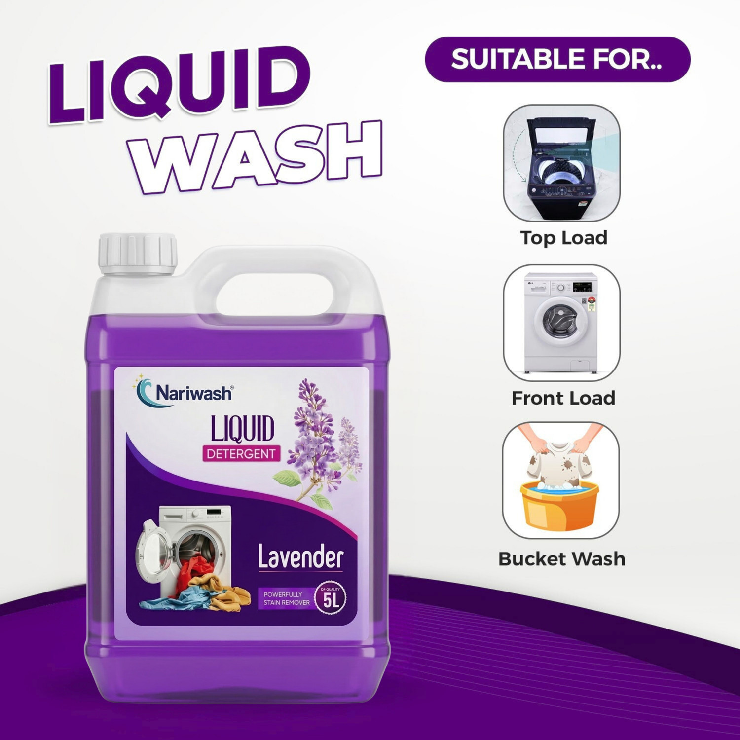 Image of Nariwash Lily & Lavender Liquid Detergent 10L | Fresh Fragrance | Machine & Hand Wash Multi-Fragrance Liquid Detergent (2 x 5 L)