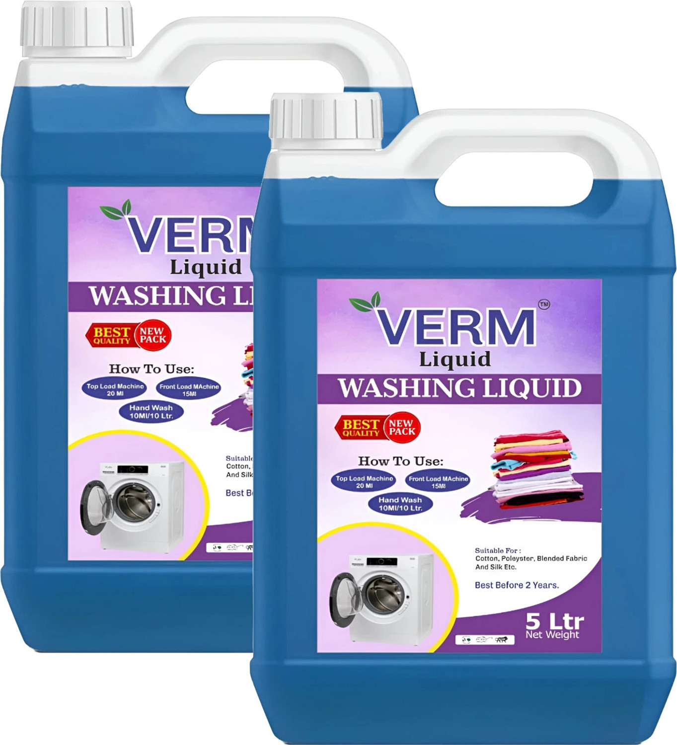 Image of vermliquids Liquid Detergent For All Type Washing Machines - Active Cleaning Formula Jasmine Liquid Detergent (2 x 5000 ml)