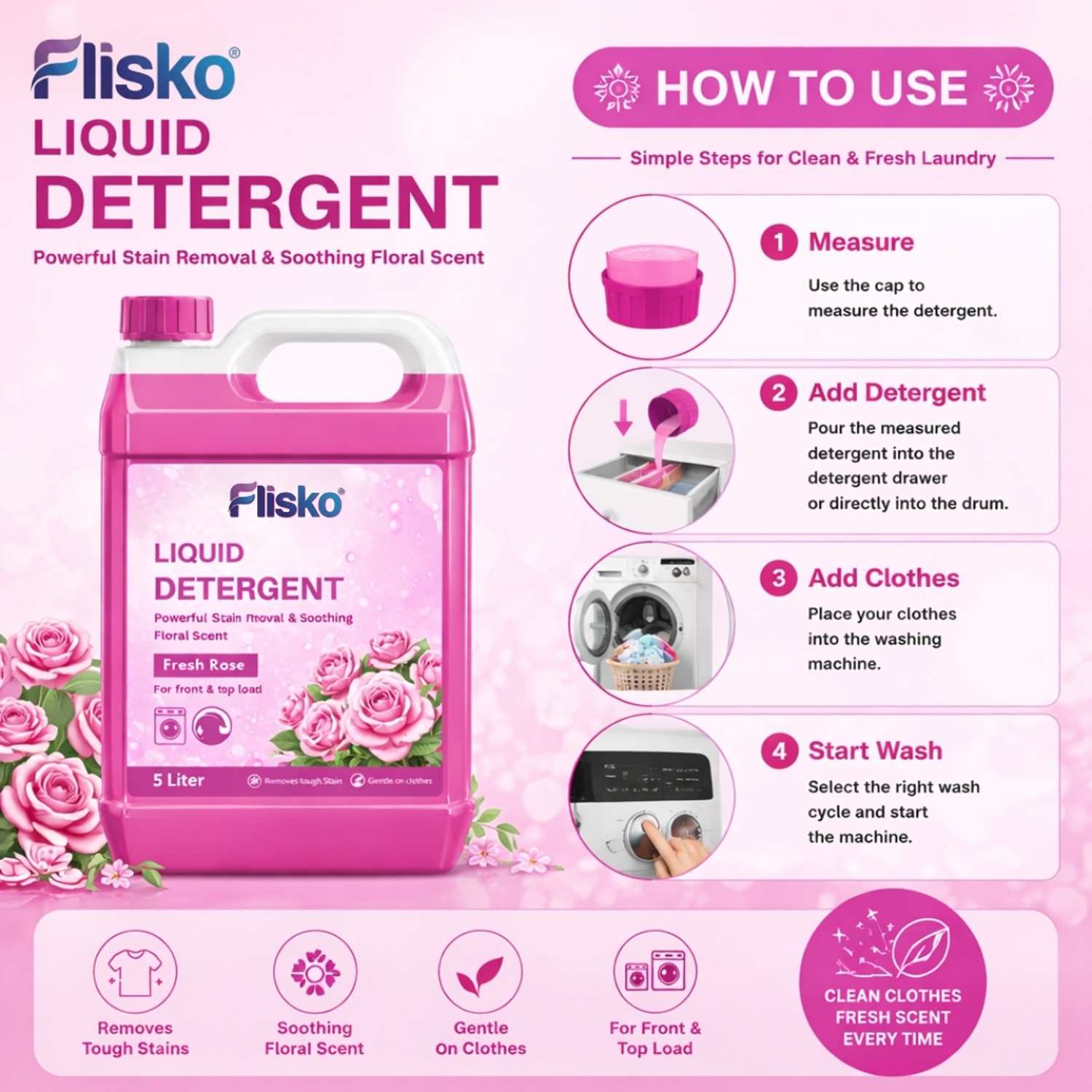 Image of Flisko Stain Cut Detergent Advance Formula Rose Liquid Detergent (2 x 2500 ml)