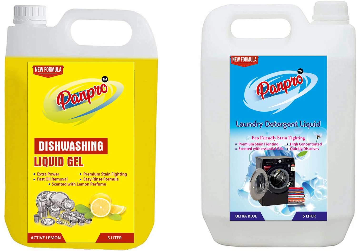 Image of PanPro Combo (5L Yellow Dishwash gel + 5L Blue Liquid Detergent) 10L Multi-Fragrance Liquid Detergent (2 x 5000 ml)