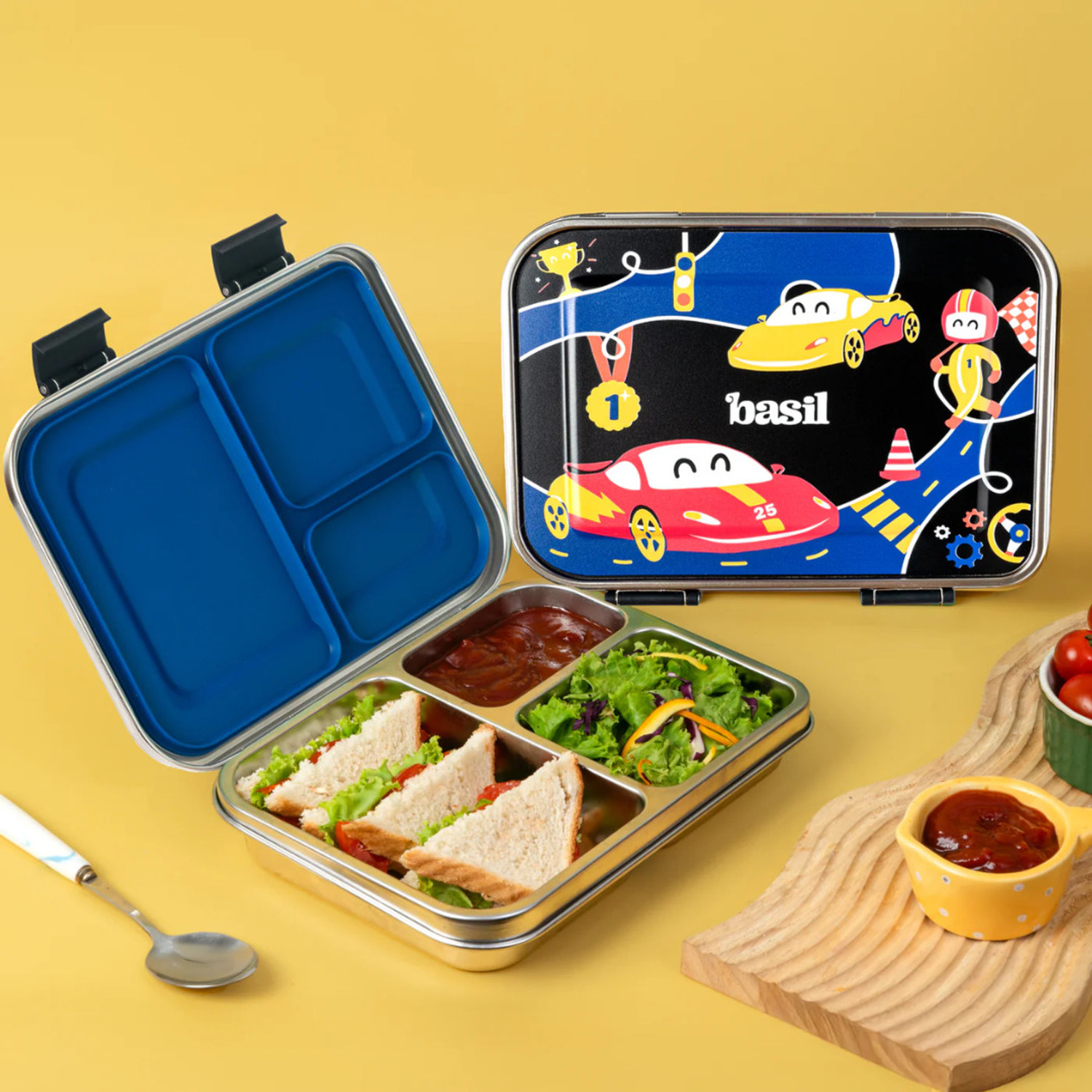 Image of BASIL Bento Box - Lunch Box for Kids| Stainless Steel| Leak Proof| - Blue 3 Containers Stainless Steel Office Lunch Box (900 ml, Microwave Safe)