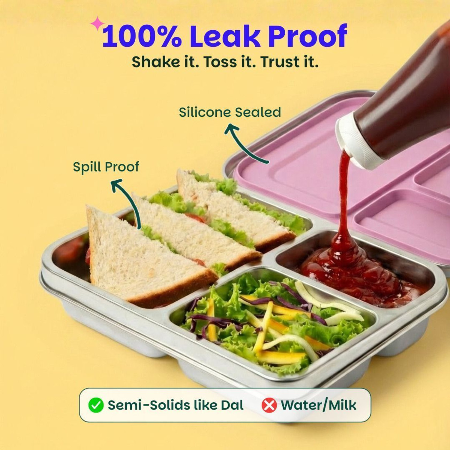 Image of BASIL Bento Box - Lunch Box for Kids| Stainless Steel| Leak Proof| - Blue 3 Containers Stainless Steel Office Lunch Box (900 ml, Microwave Safe)