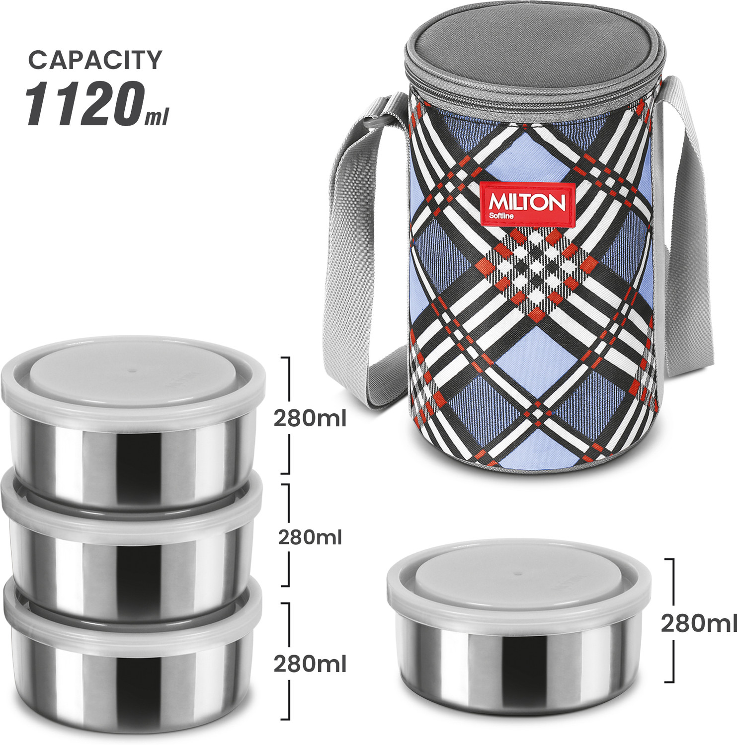 Image of MILTON Steel Treat 4 Stainless Steel Tiffin, 4 Containers, 280 Each with Jacket, Blue 4 Containers Stainless Steel Office Lunch Box (280 ml)