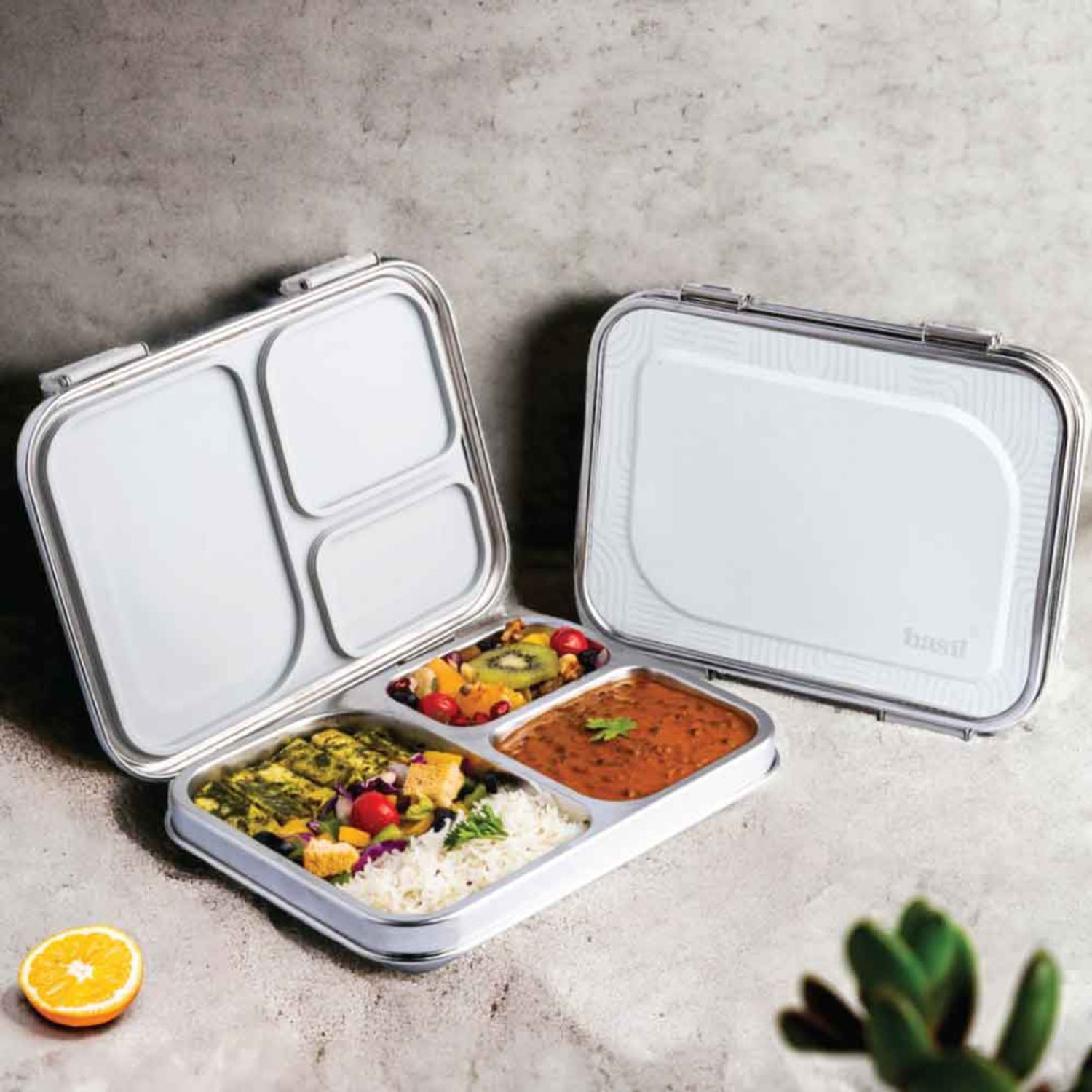 Image of BASIL Bento Box - Lunch Box for Kids| Stainless Steel| Leak Proof| - Blue 3 Containers Stainless Steel Office Lunch Box (900 ml, Microwave Safe)