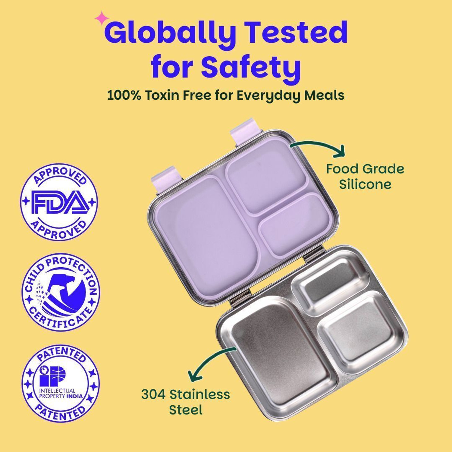Image of BASIL Bento Box - Lunch Box for Kids| Stainless Steel| Leak Proof| - Blue 3 Containers Stainless Steel Office Lunch Box (900 ml, Microwave Safe)