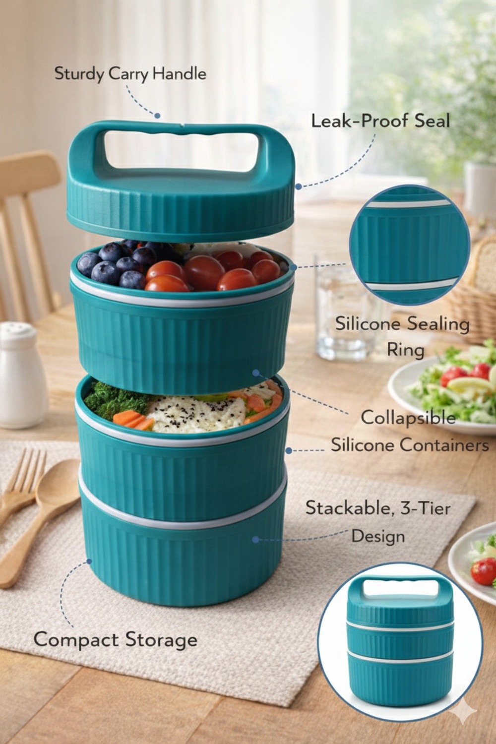 Image of NEKZA Trendy 3 Layer Insulated Lunch Box 3 Containers Plastic Office Lunch Box (1000 ml)