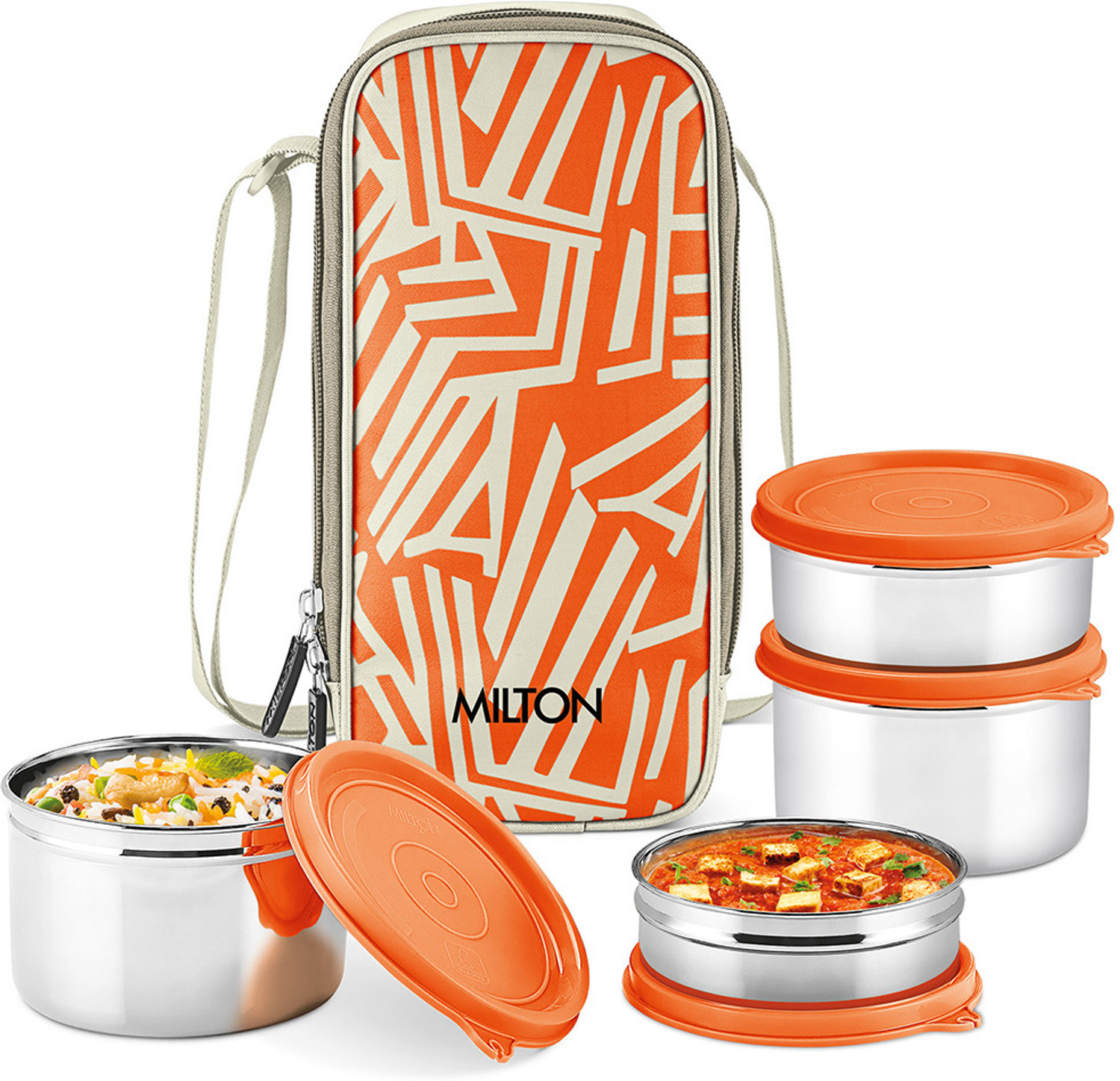 Image of MILTON Steel Treat 4 Stainless Steel Tiffin, 4 Containers, 280 Each with Jacket, Blue 4 Containers Stainless Steel Office Lunch Box (280 ml)