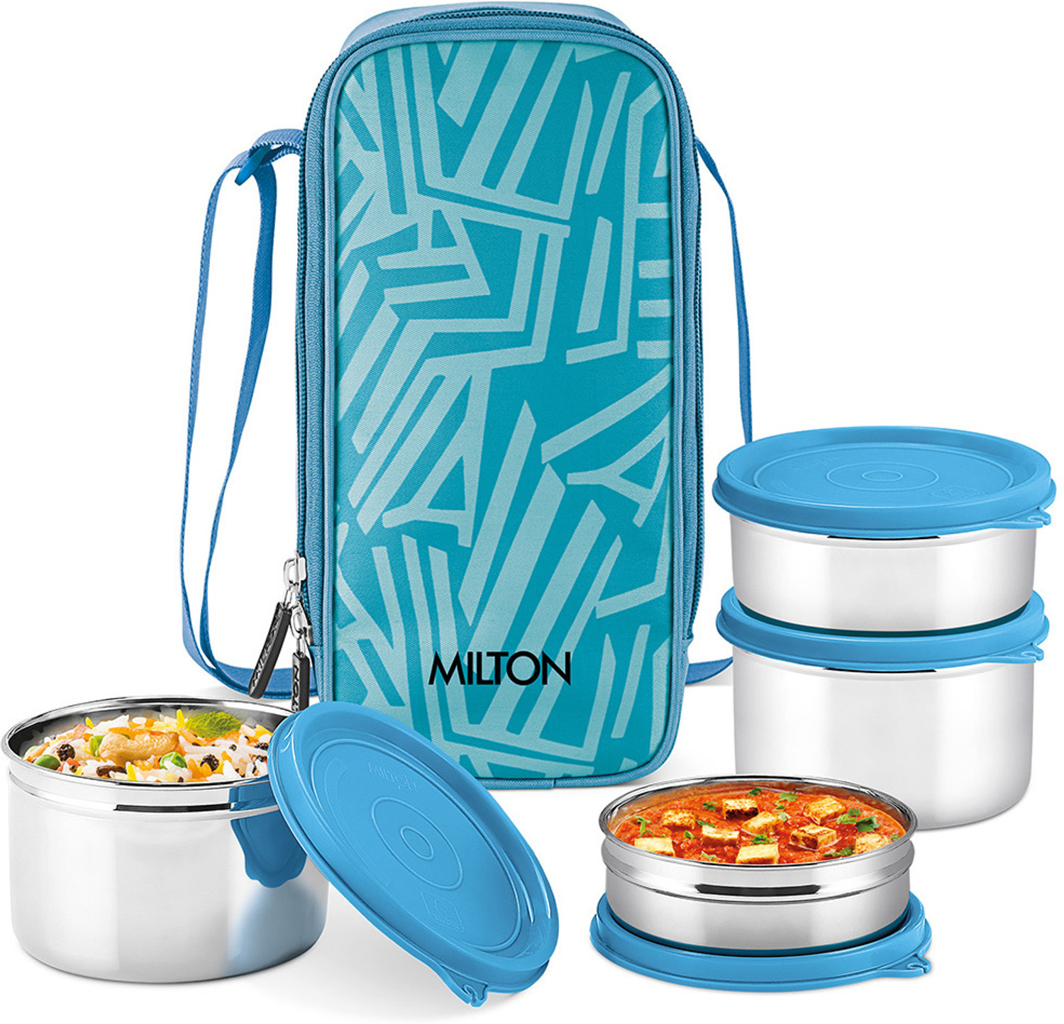 Image of MILTON Steel Treat 4 Stainless Steel Tiffin, 4 Containers, 280 Each with Jacket, Blue 4 Containers Stainless Steel Office Lunch Box (280 ml)