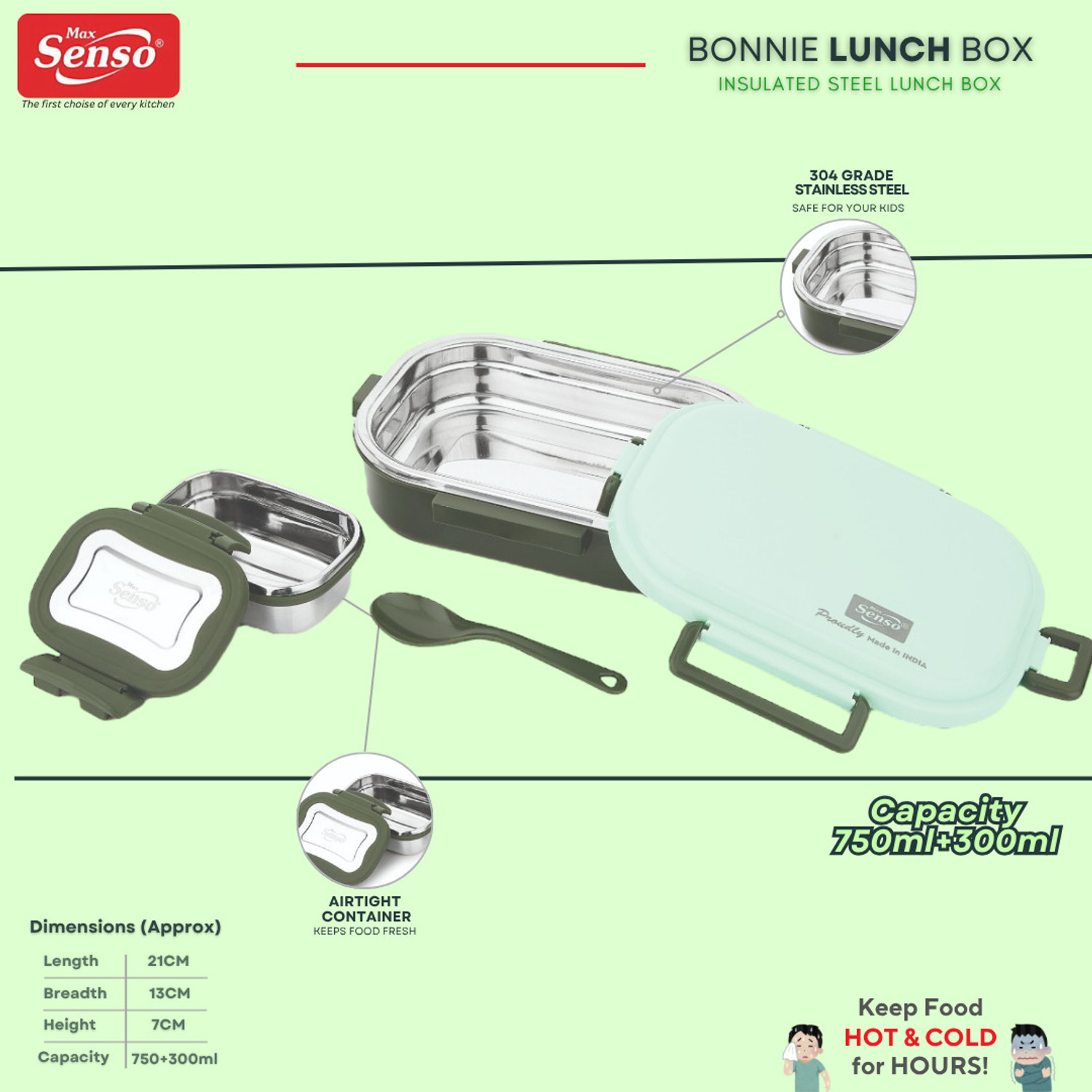 Image of Max Senso Bonnie Insulated Steel Lunch Box for Kids Lunch Box for School & Office. 2 Containers Stainless Steel, Plastic School Lunch Box (1050 ml, Microwave Safe)