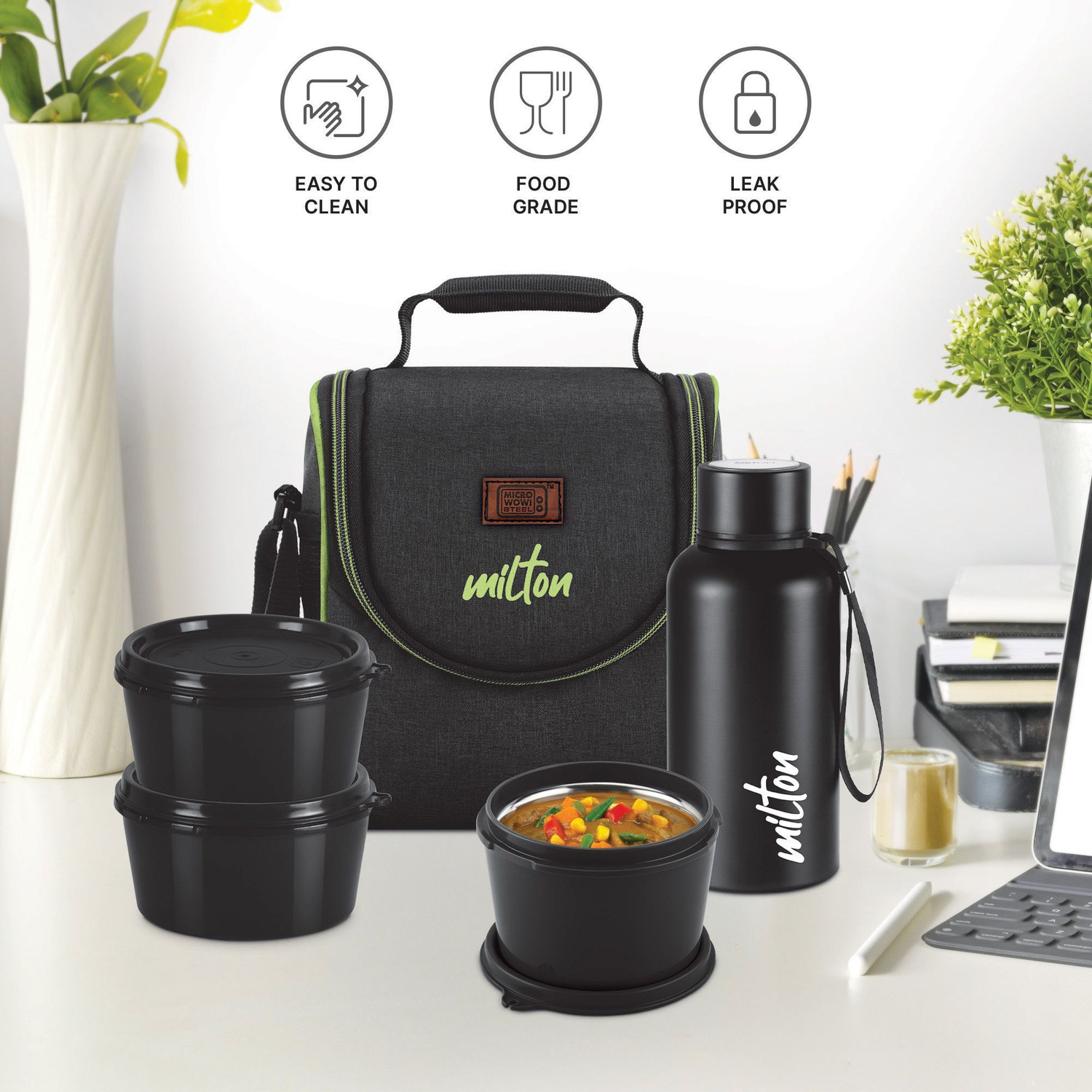 Image of MILTON Thermo Combo Inner Steel Containers (2X320ml & 1X450ml), Bottle 500 ml with Bag 3 Containers Plastic, Stainless Steel Office Lunch Box (500 ml)