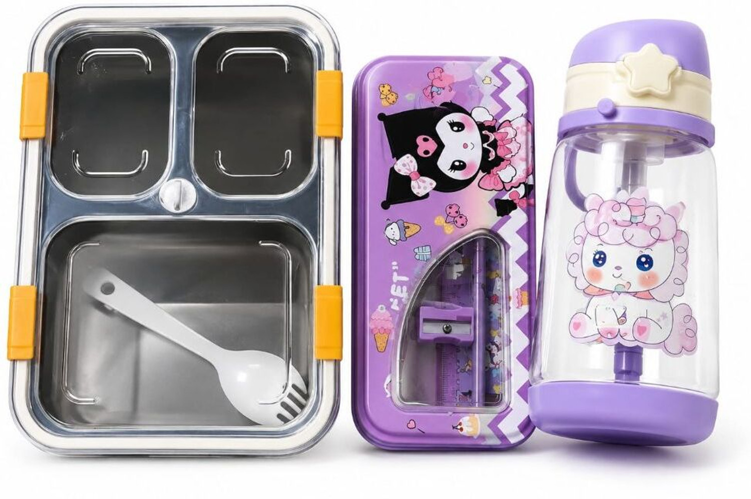 Image of YASHASVI COLLECTION Kids Stainless Steel Lunch Box Set with Water Bottle & Pencil Box 3 Containers Stainless Steel School Lunch Box (600 ml)