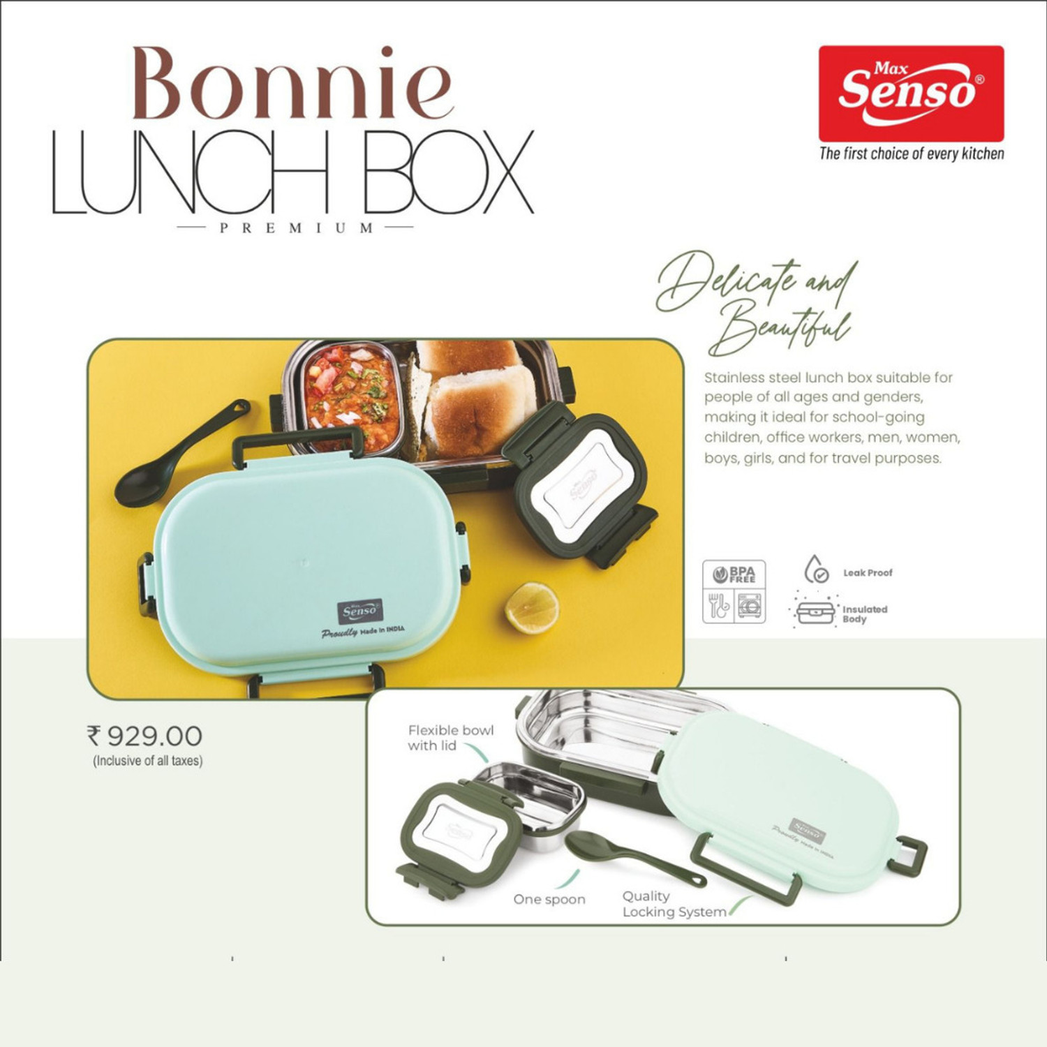 Image of Max Senso Bonnie Insulated Steel Lunch Box for Kids Lunch Box for School & Office. 2 Containers Stainless Steel, Plastic School Lunch Box (1050 ml, Microwave Safe)