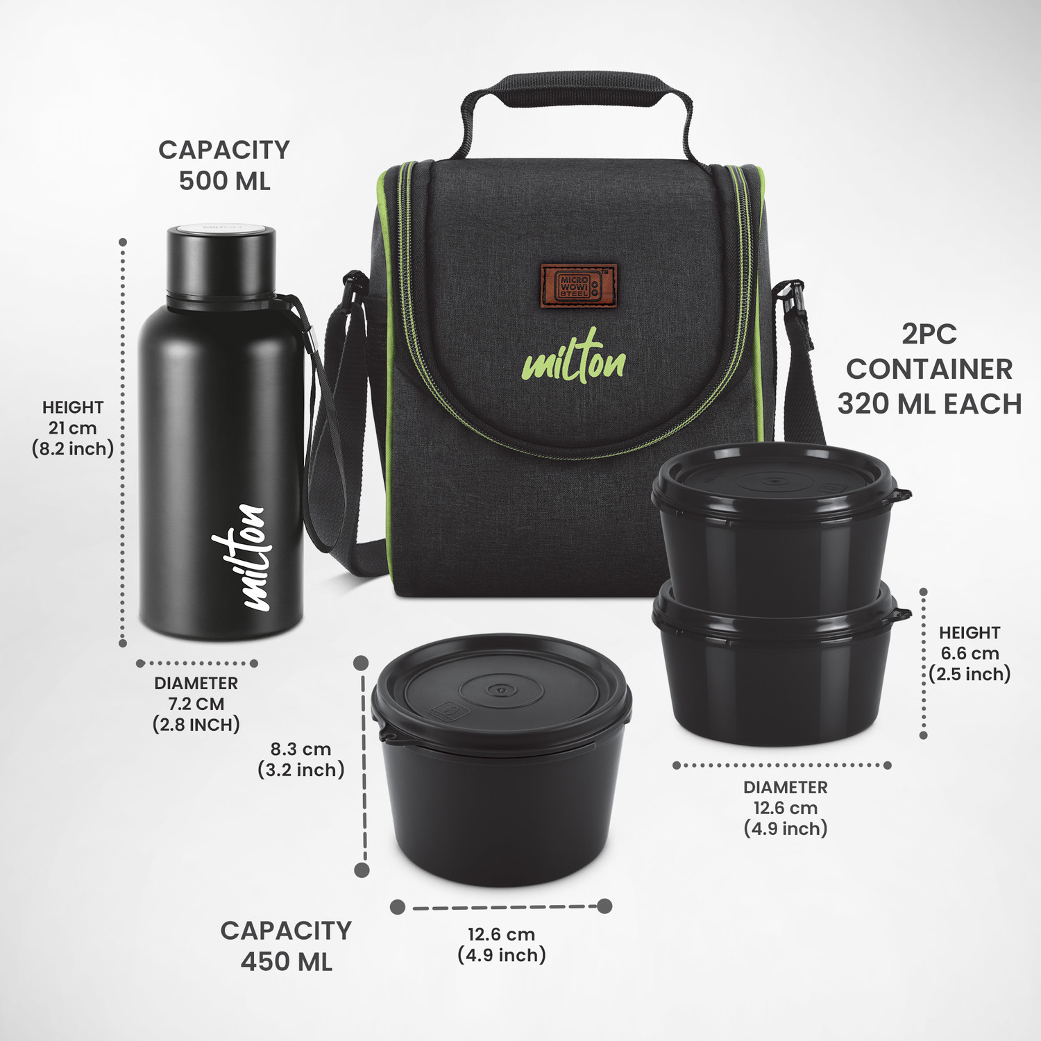 Image of MILTON Thermo Combo Inner Steel Containers (2X320ml & 1X450ml), Bottle 500 ml with Bag 3 Containers Plastic, Stainless Steel Office Lunch Box (500 ml)