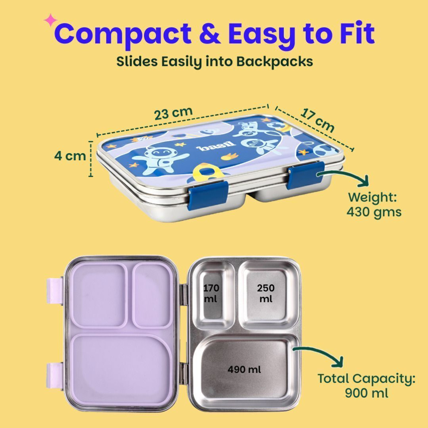 Image of BASIL Bento Box - Lunch Box for Kids| Stainless Steel| Leak Proof| - Blue 3 Containers Stainless Steel Office Lunch Box (900 ml, Microwave Safe)