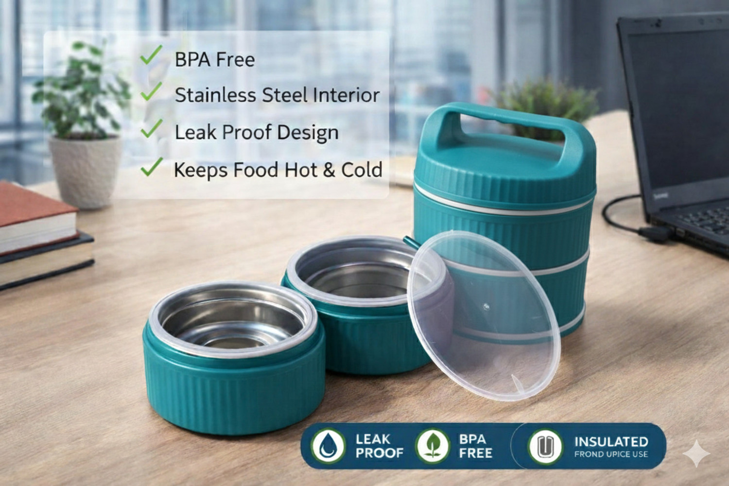 Image of NEKZA Trendy 3 Layer Insulated Lunch Box 3 Containers Plastic Office Lunch Box (1000 ml)