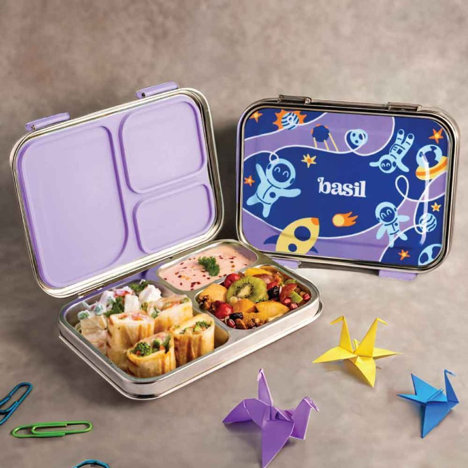 Image of BASIL Bento Box - Lunch Box for Kids| Stainless Steel| Leak Proof| - Blue 3 Containers Stainless Steel Office Lunch Box (900 ml, Microwave Safe)